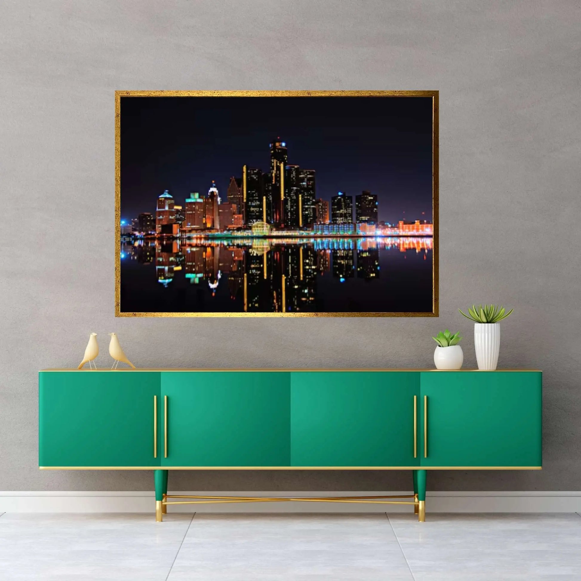 Detroit Skyline at Night Canvas Wall Art Design Poster Canvas Wall Art - Y Canvas