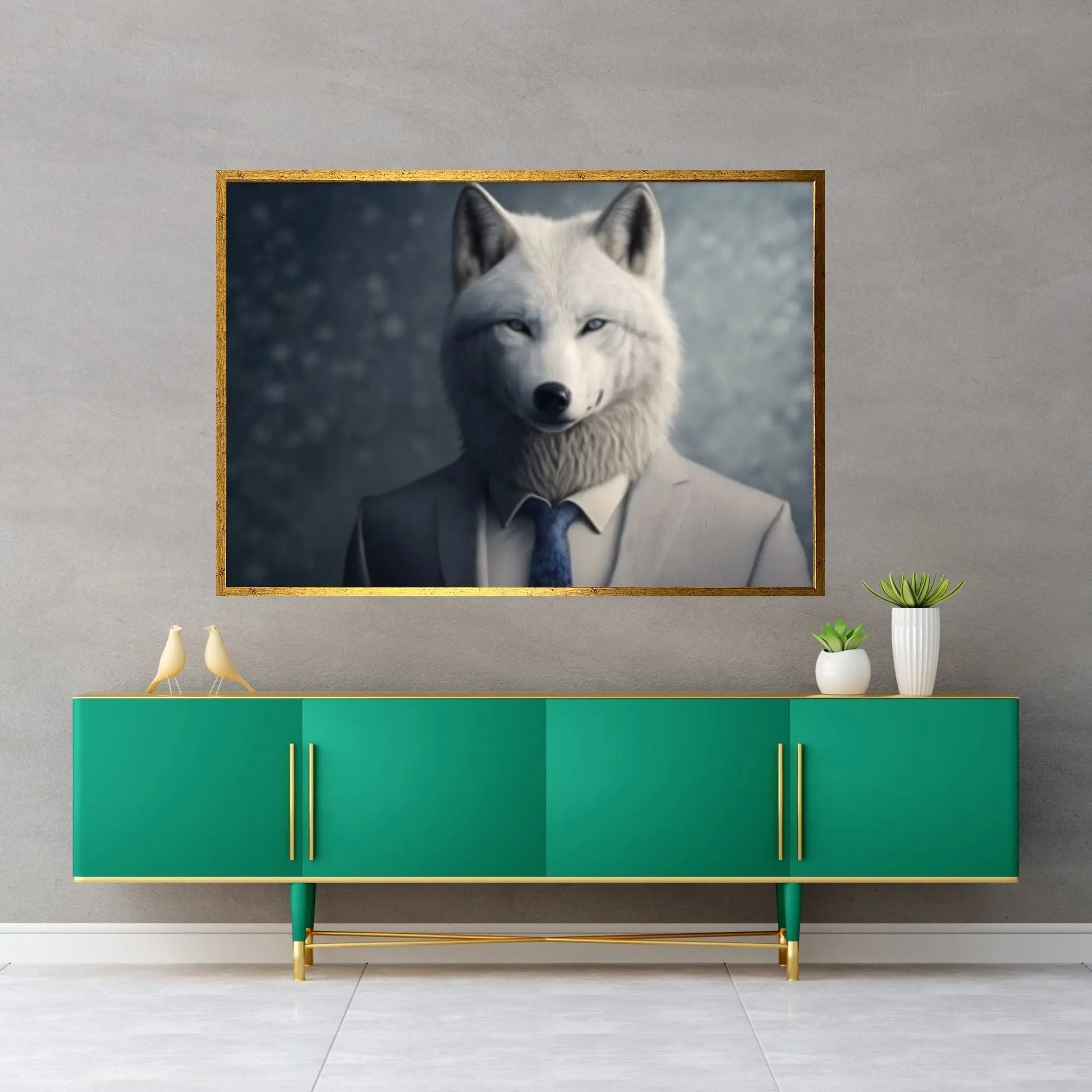 Wolf Canvas Wall Art - Portrait of a white wolf dressed in a formal business suit - Y Canvas