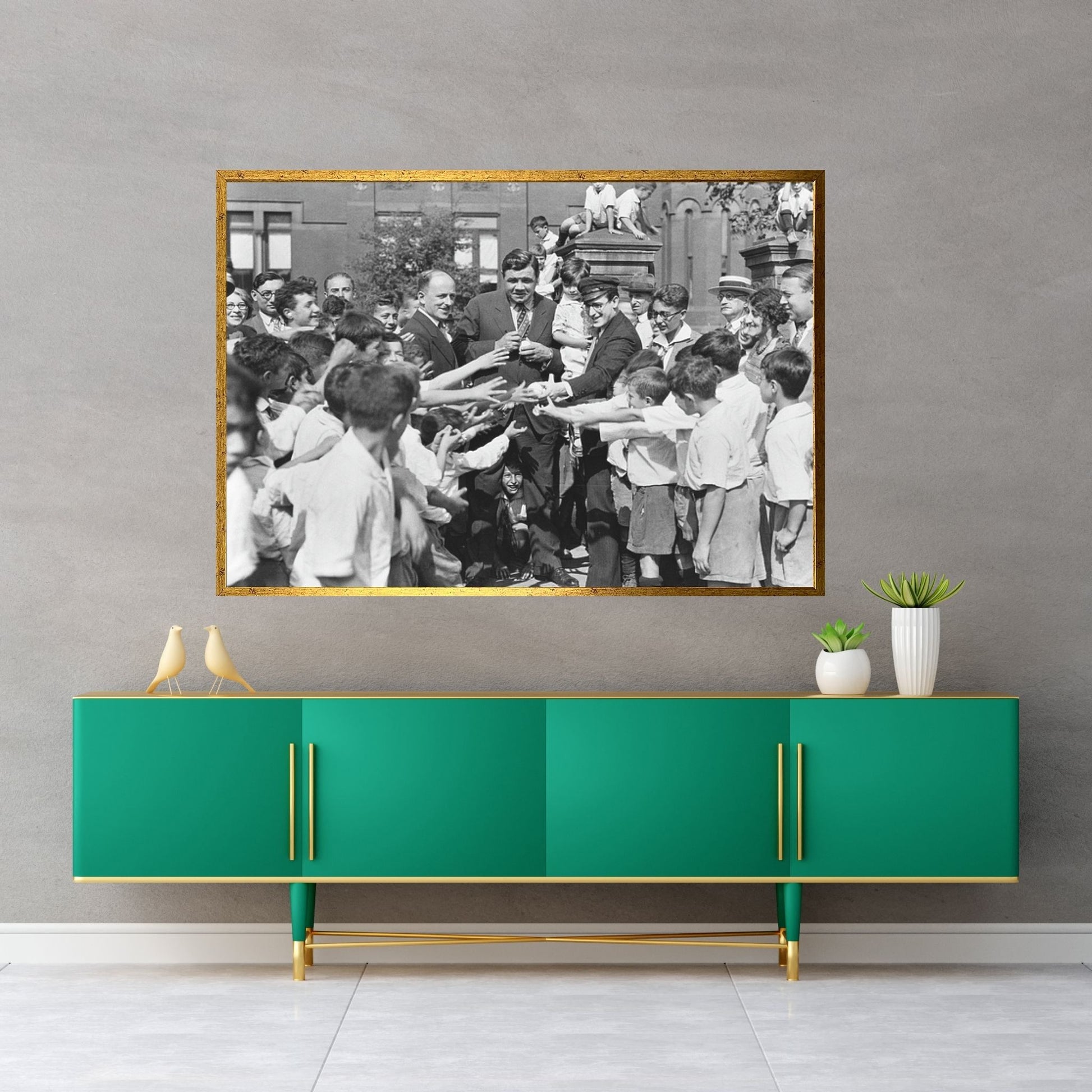 1920s Baseball Player Babe Ruth And Actor Harold Lloyd Greet Orphans Brooklyn New York City USA Canvas Wall Art - Y Canvas