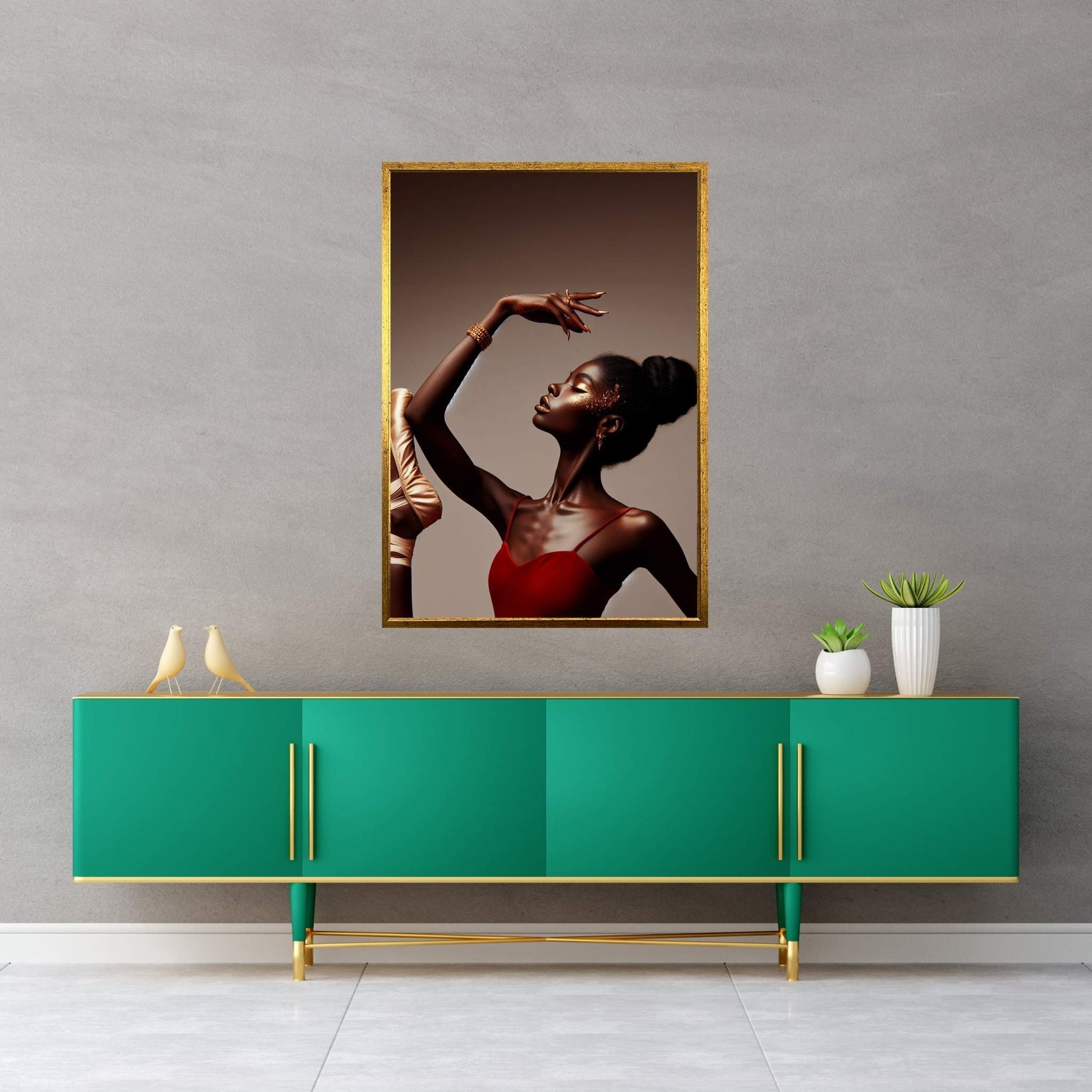 African Black Woman Ballerina in Red Dress Canvas Wall Art Home Decor - Y Canvas