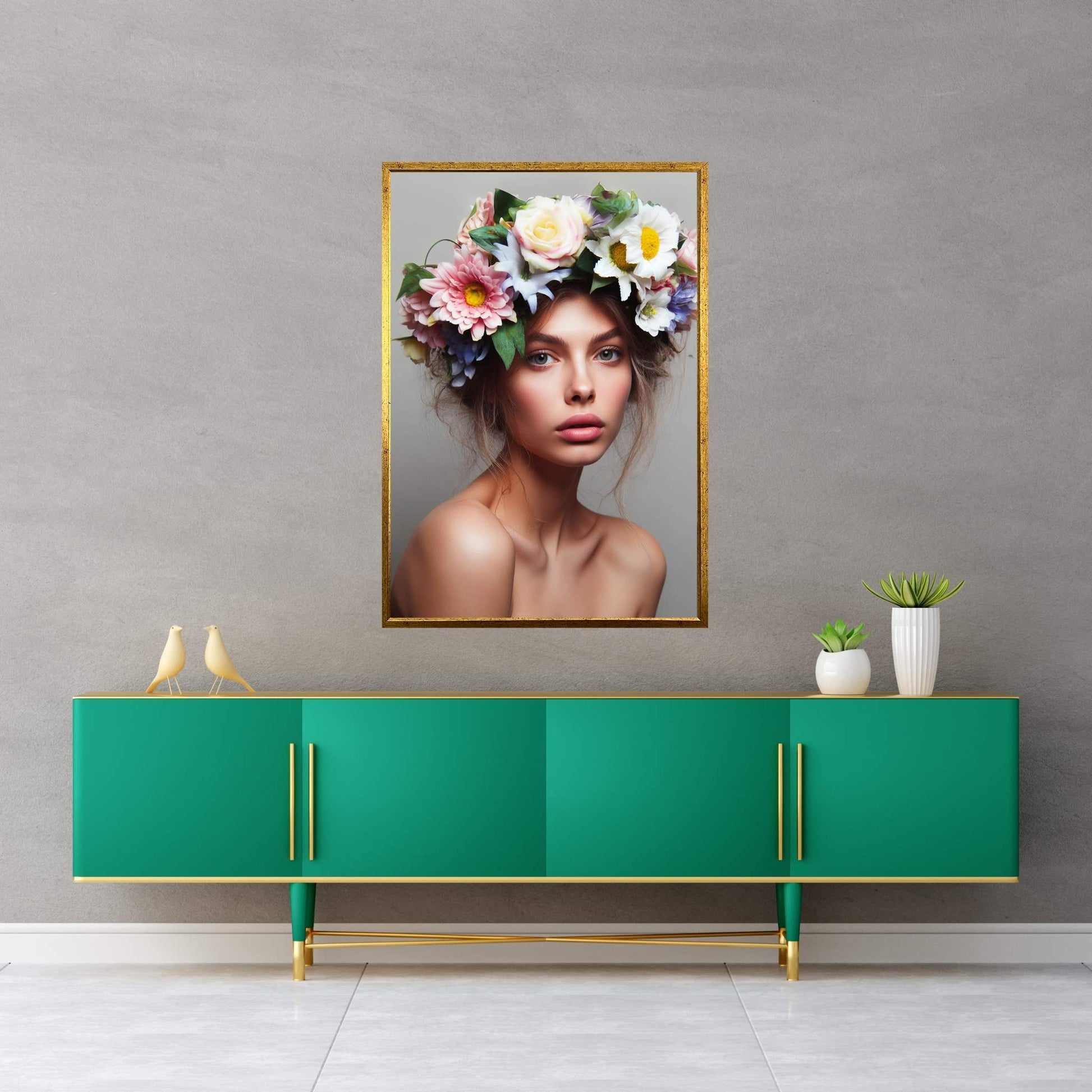 Woman Portrait Flower Head Canvas Wall Art - Y Canvas