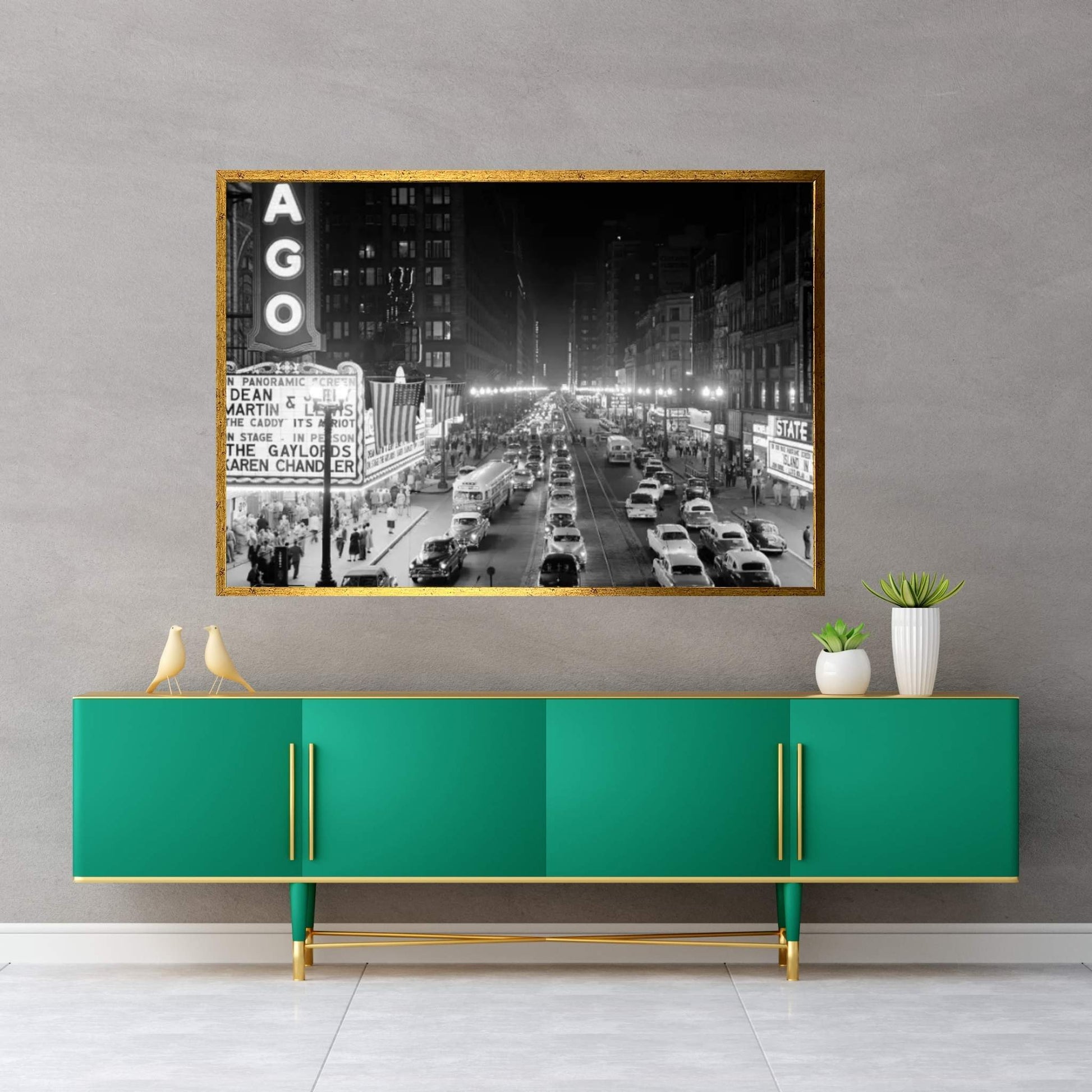 1953 Night Scene Of Chicago State Street With Traffic And Movie Marquee With Pedestrians On The Sidewalks Canvas Wall Art - Y Canvas