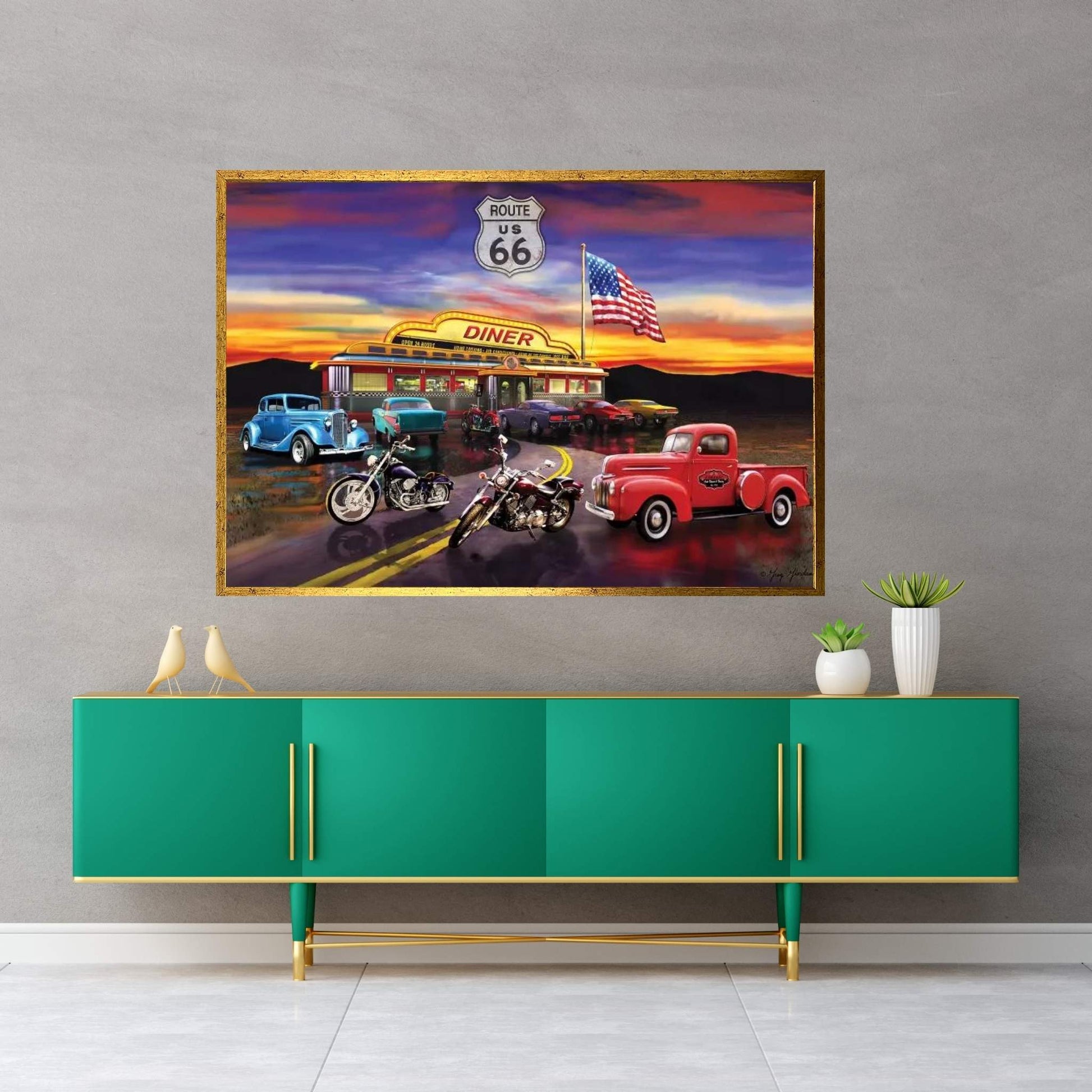 Nostalgic America Diner And Cars Canvas Wall Art - Y Canvas