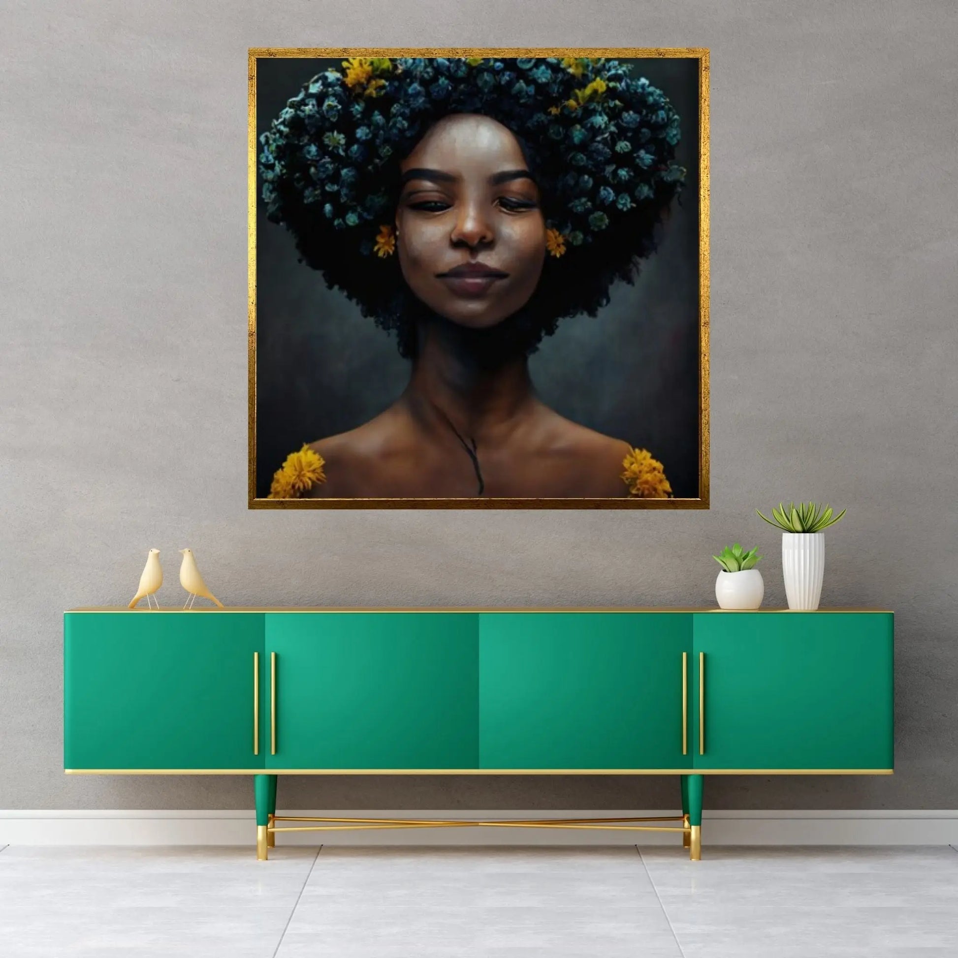 Black woman head flowers Canvas wall art,Black art, Black girl print, flower woman painting, Girl Flowers Poster - Y Canvas