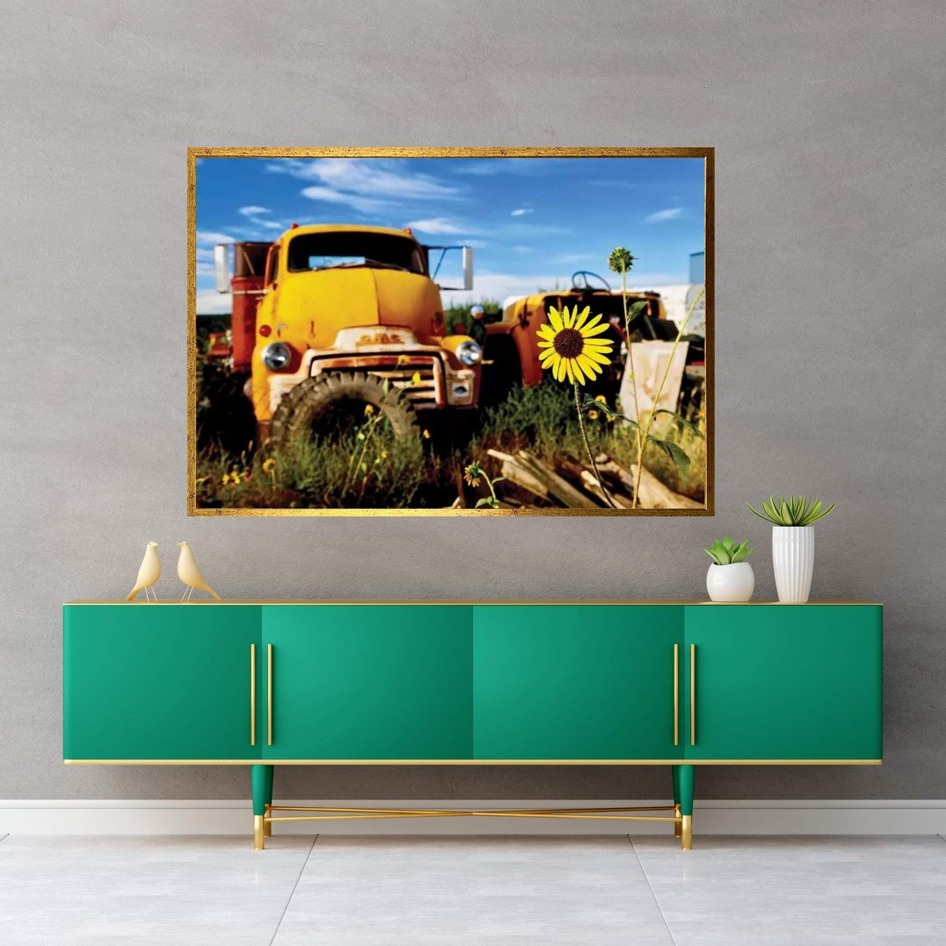 Yellow Daisy With Truck Canvas Wall Art - Y Canvas