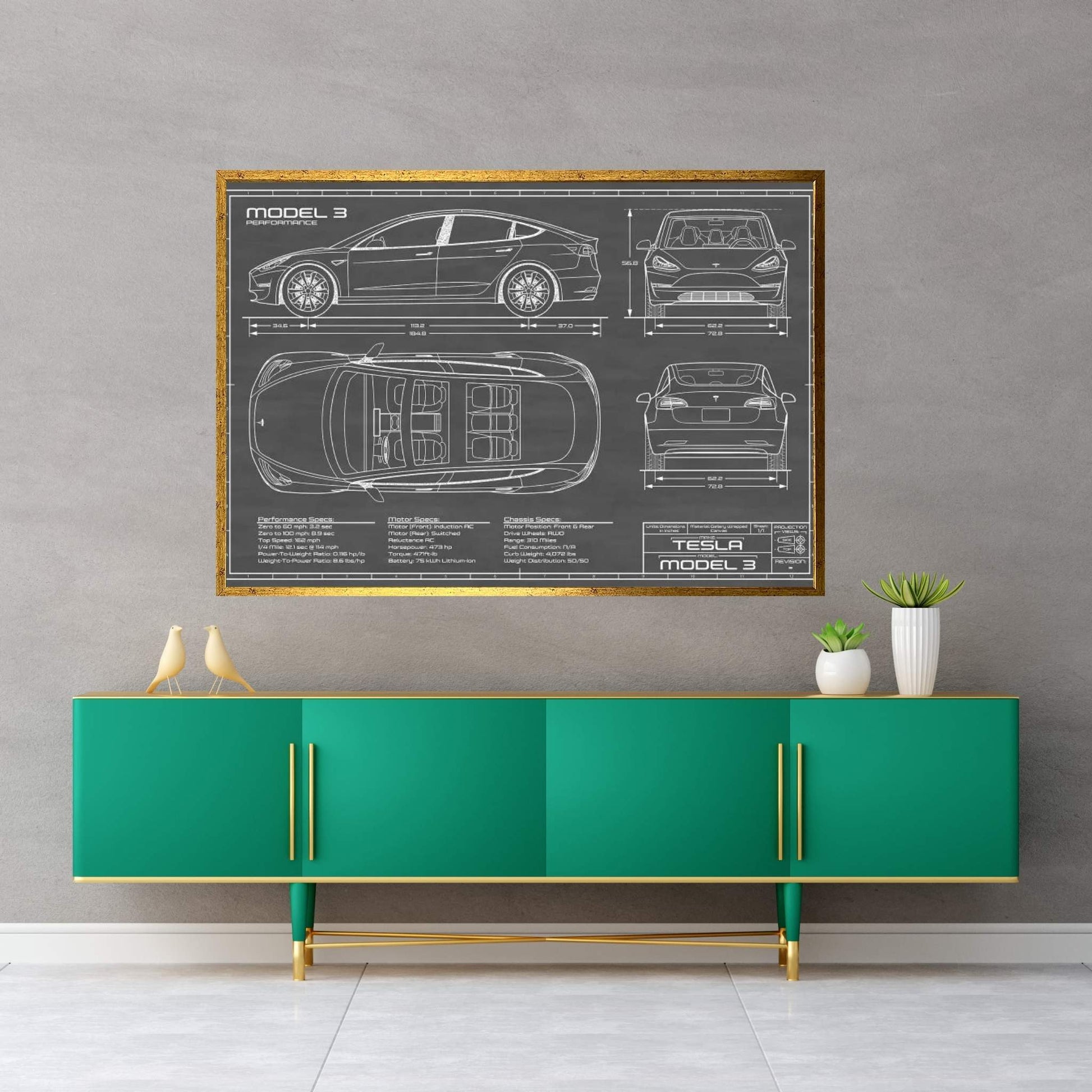 Tesla Model 3 (Performance) | Black Canvas Wall Art - Y Canvas