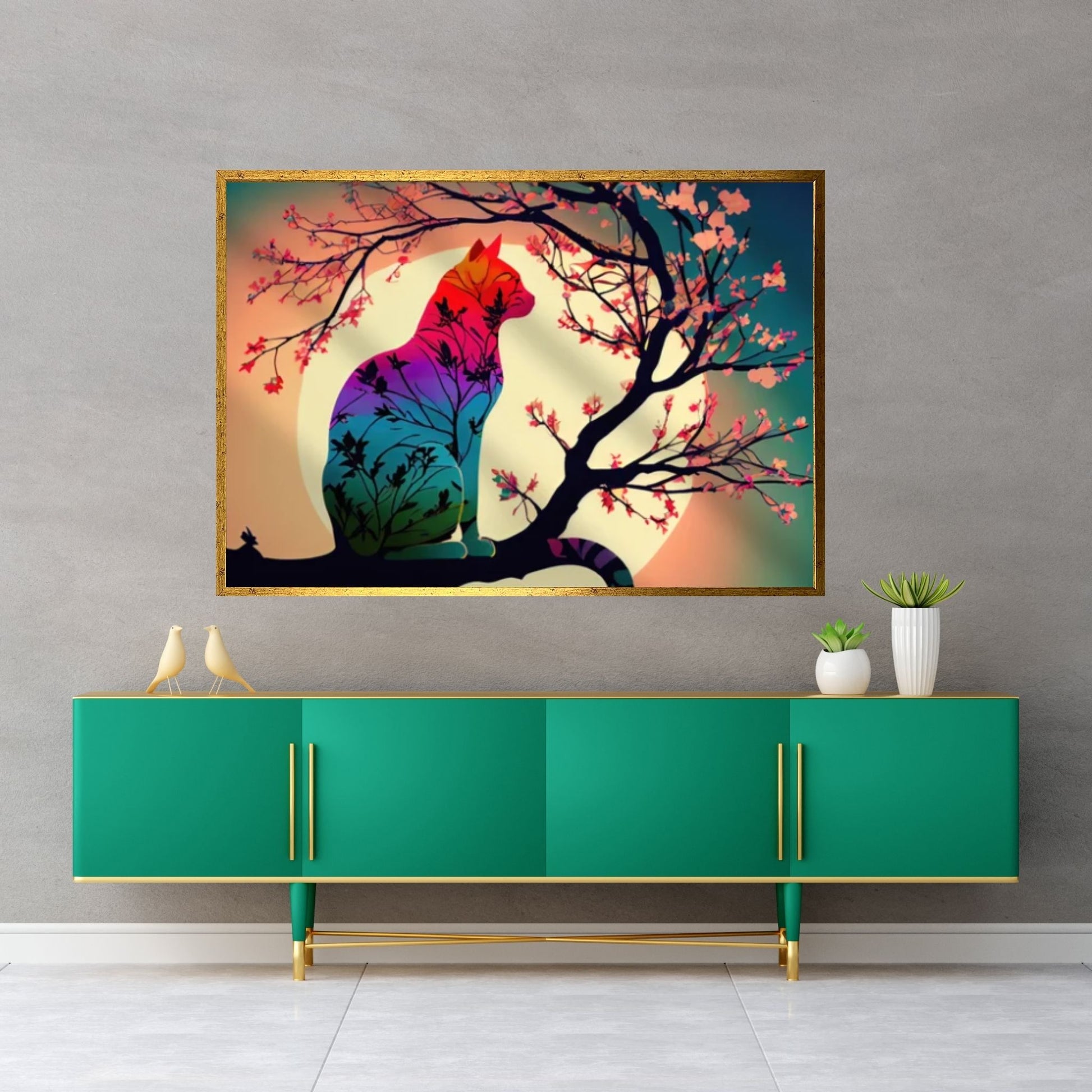 Cat Animal Canvas - Rainbow Cat- Japanese Cherry Tree - Picasso Style - Y Canvas