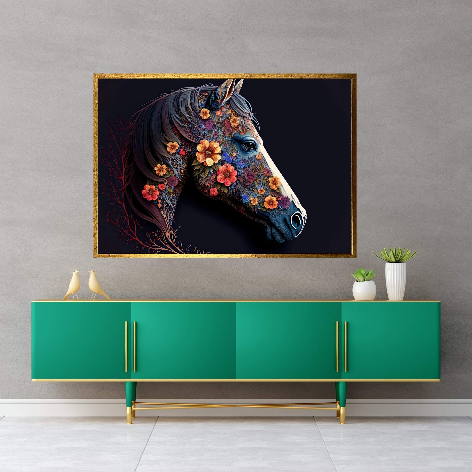 Beautiful Colorful Black Horse Flower Canvas Wall Art , Animal Wall Art - Y Canvas