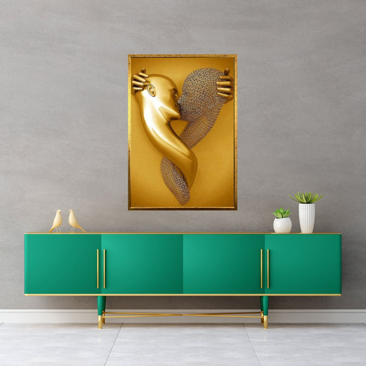 Couple Kissing Canvas Wall Art Gold Modern Stunning Wall Decor, Love heart Wall Art - Y Canvas