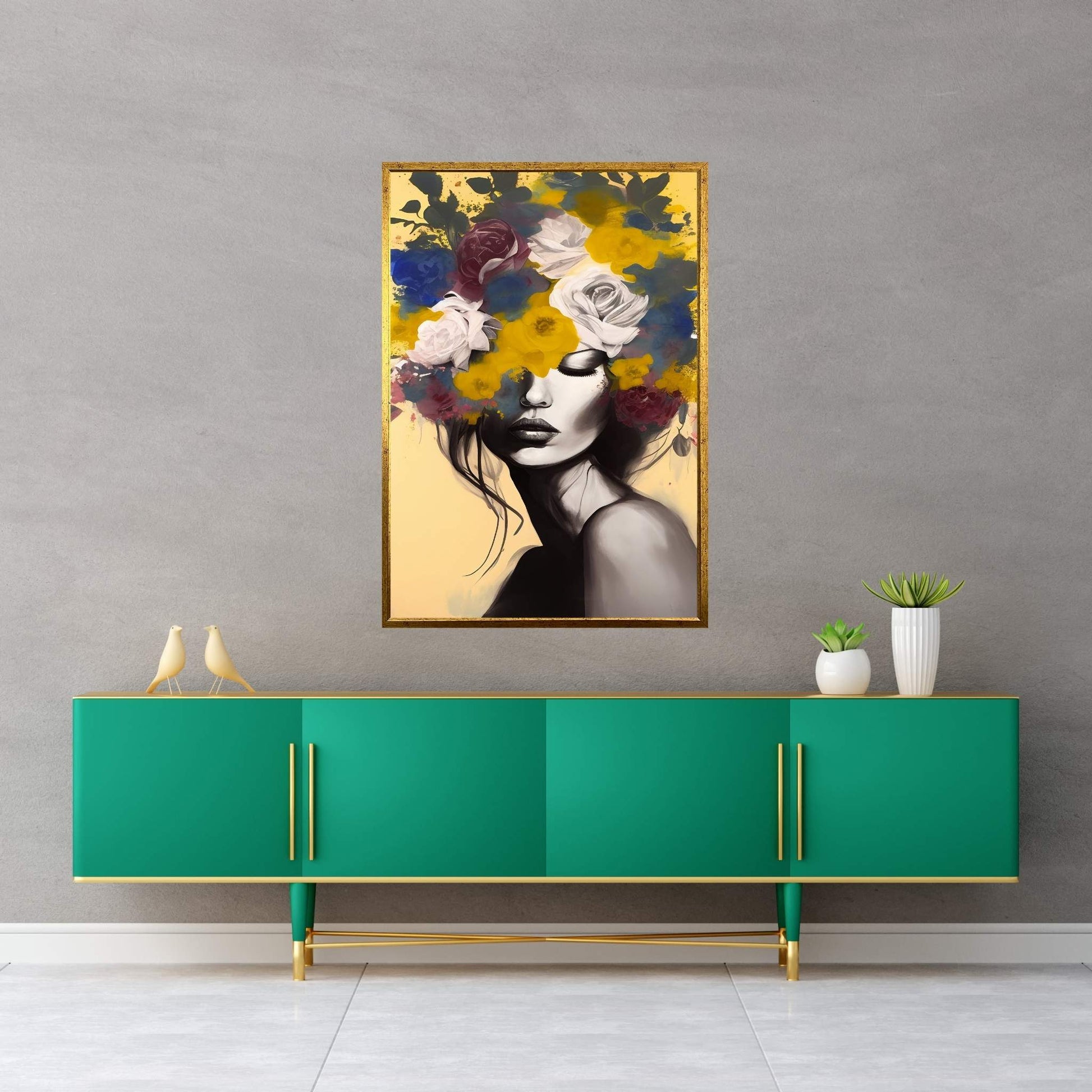 Woman Portrait Flower Head Canvas Wall Art - Y Canvas