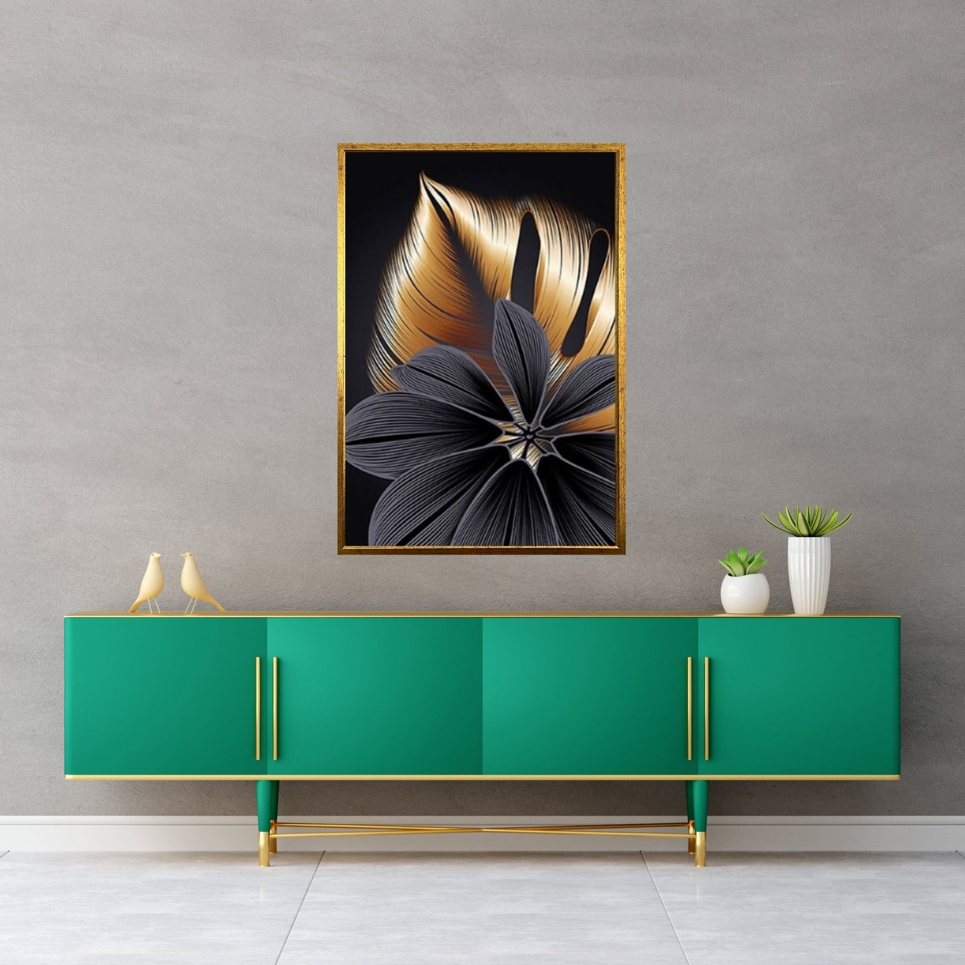 Art Painting Nordic Living Room Decoration, Black Golden Plant Leaf Canvas Poster - Y Canvas