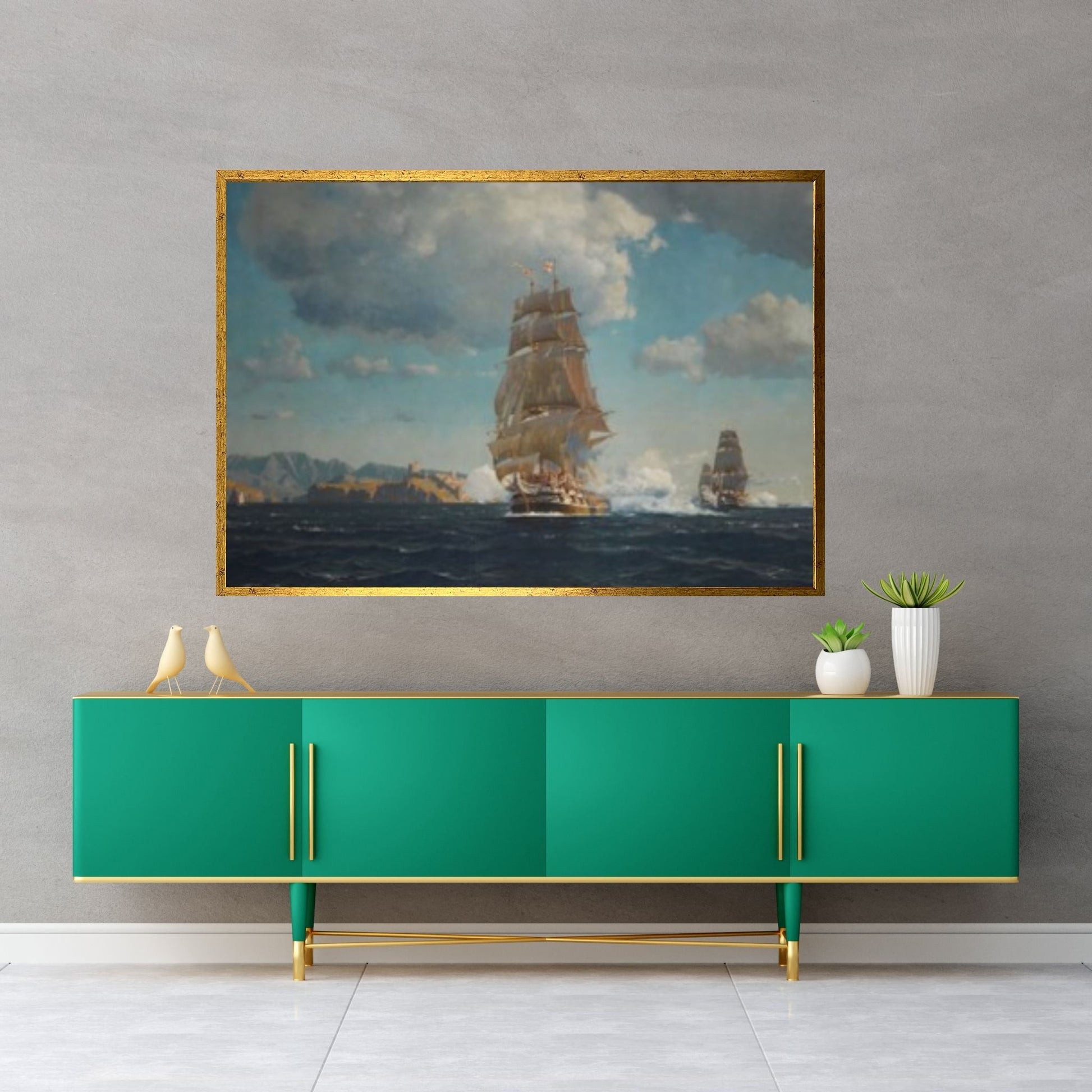 British Battleships Vintage Canvas Wall Art Painting - Vintage Seascape Painting, Ship Canvas Art - Y Canvas