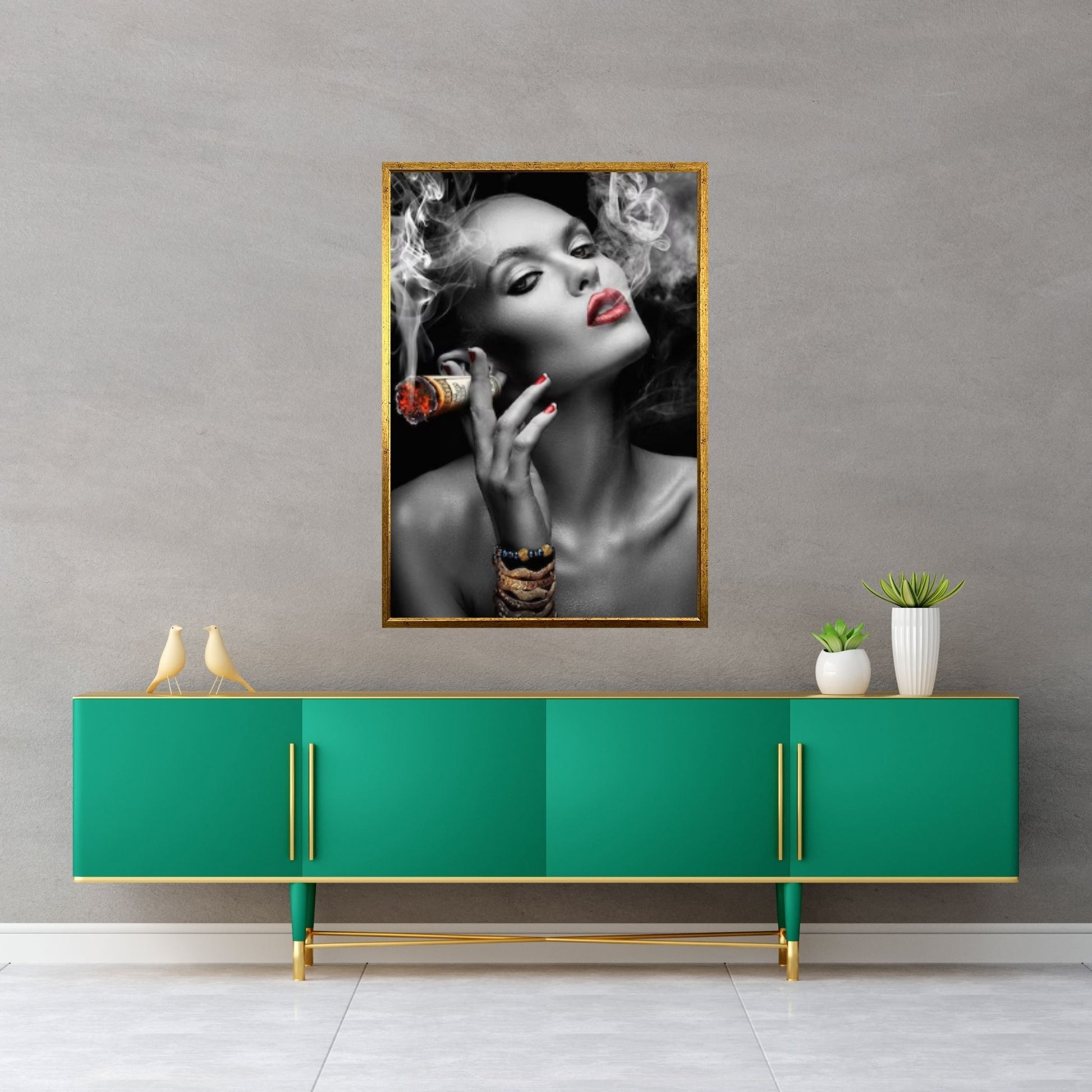 Woman Smoking Cigar Canvas, Smoking Girl Poster, Dollar Cigar Poster Art, Woman with Red Lipstick Wall Decor - Y Canvas