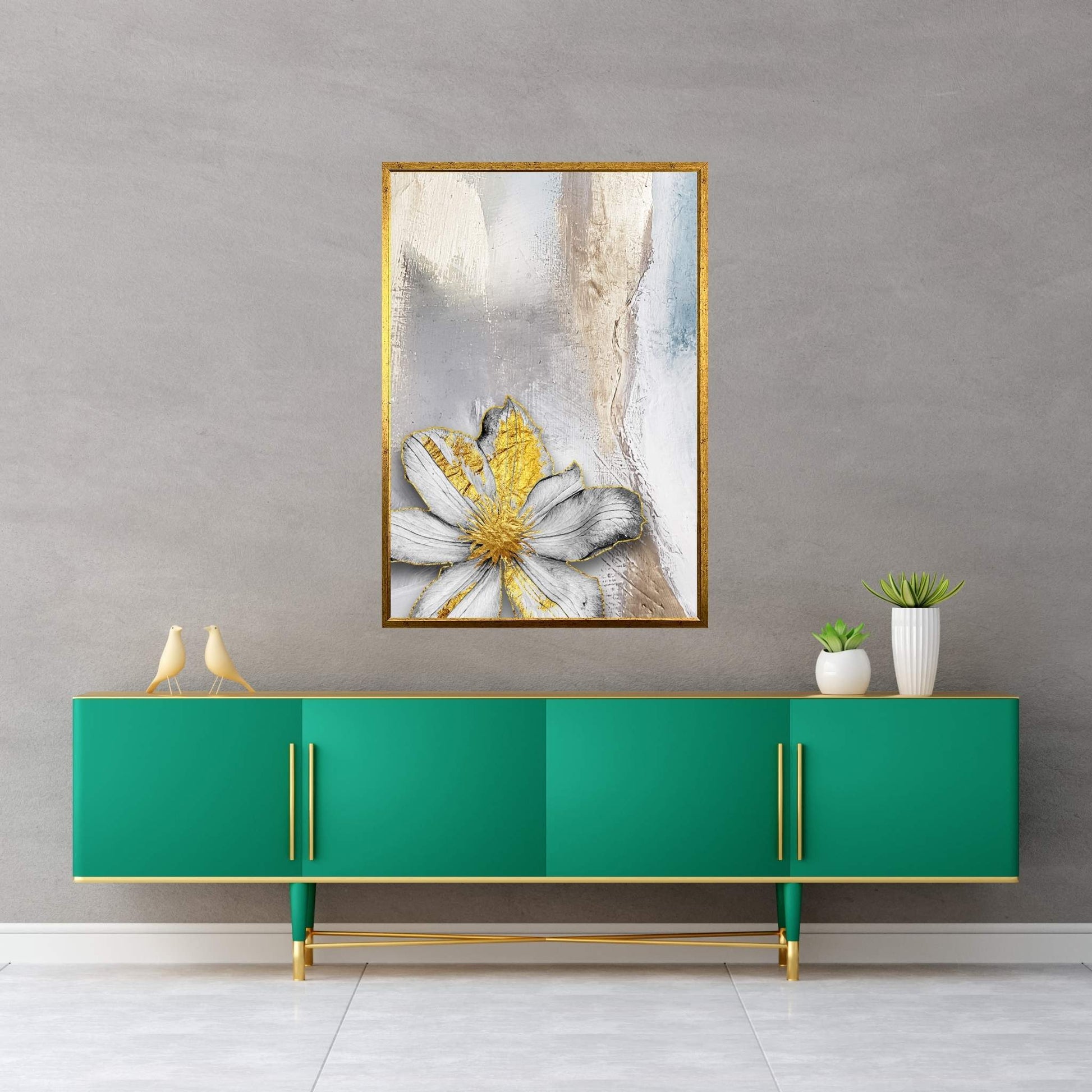 White Flower with Gold Detail Modern Abstract Canvas Wall Art - Y Canvas