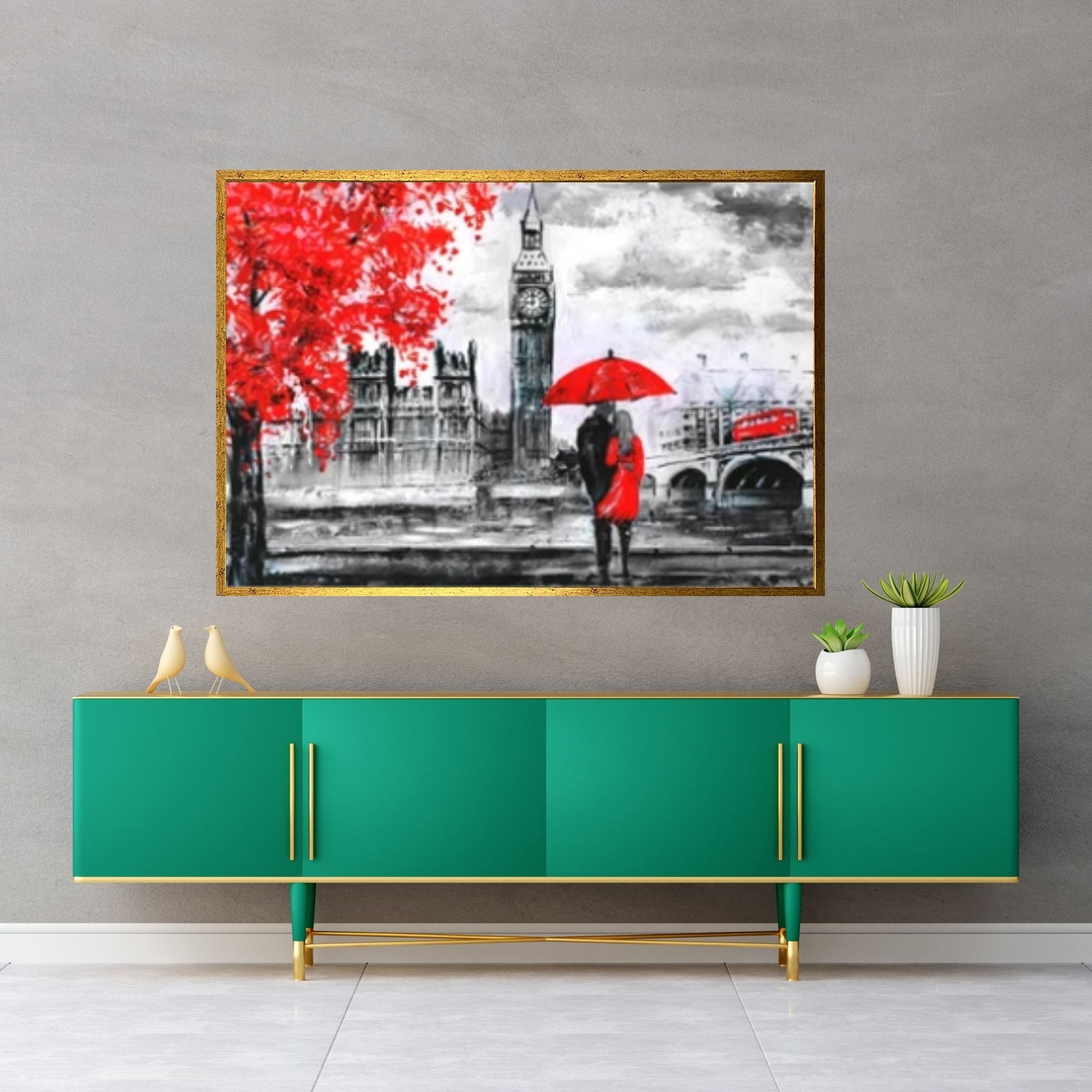 England Bridge illustration Man and woman under red umbrella photo, London street Oil painting - Y Canvas