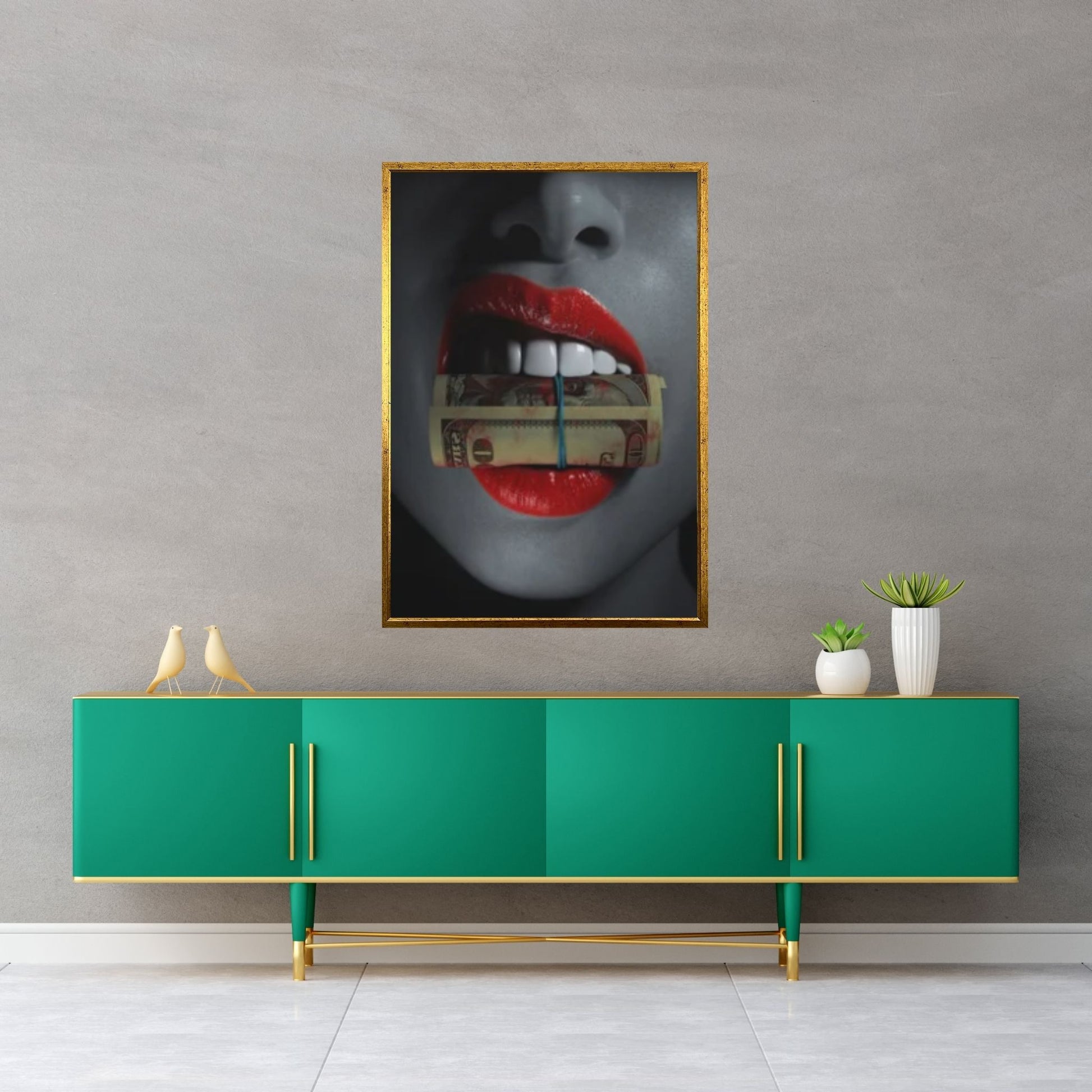 Red Lips Canvas Wall Art, Smoking Woman Room Decor, Money Cigar Between Lips Wall Hangings - Y Canvas