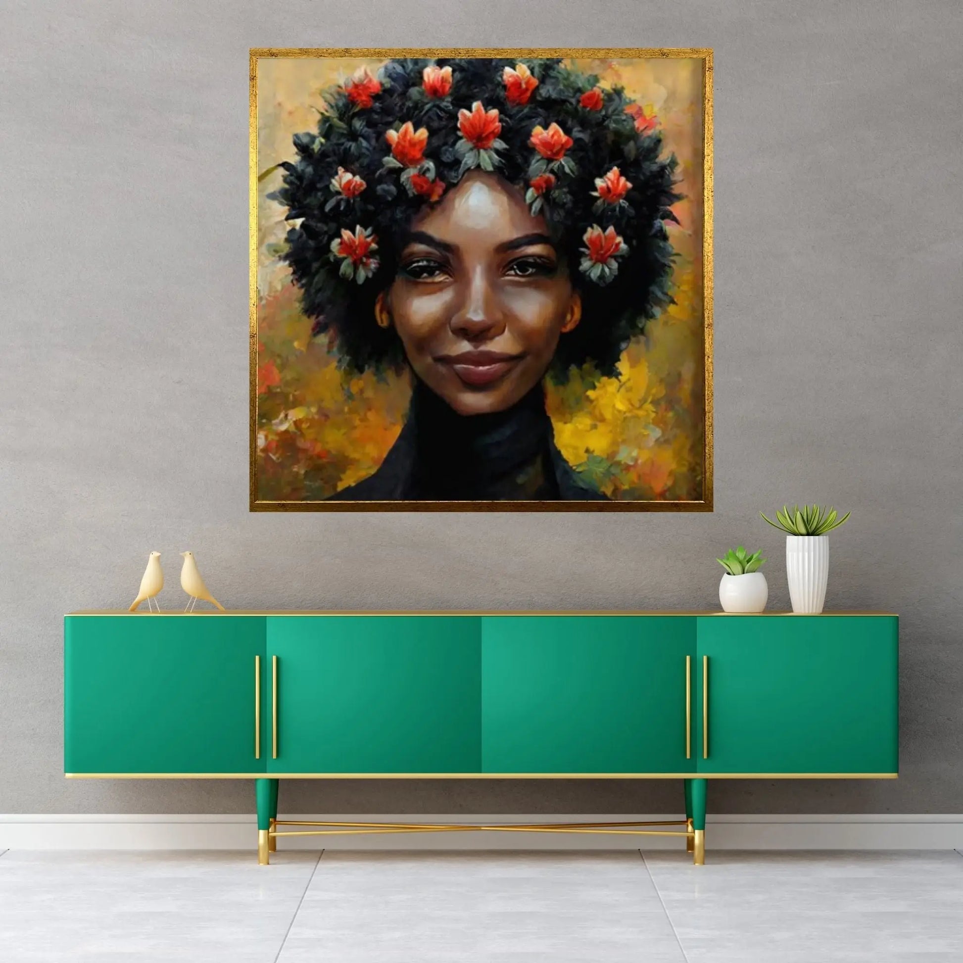 Black woman head flowers Canvas wall art,Black art, Black girl print, flower woman painting, Girl Flowers Poster - Y Canvas