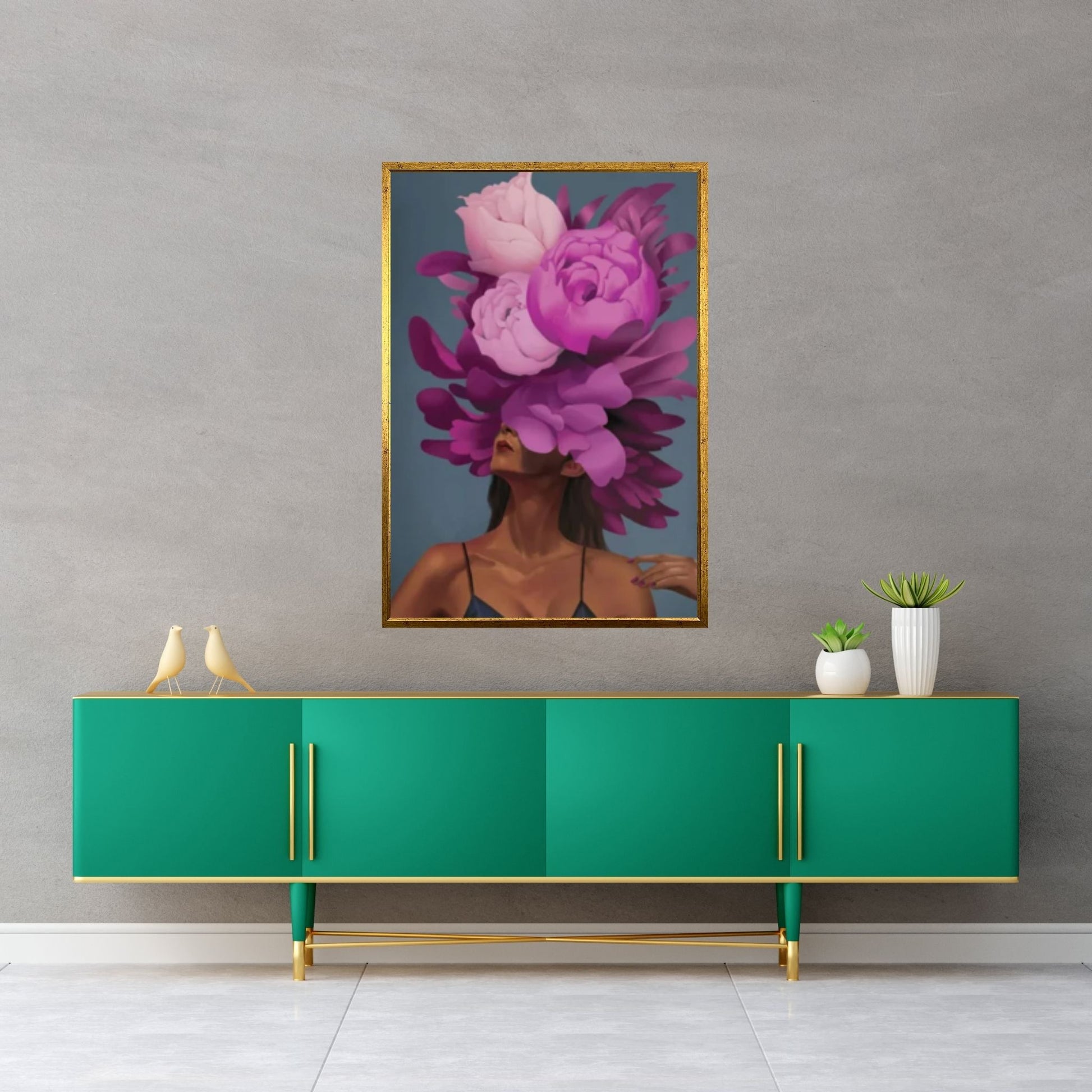 Purple Floral Woman Canvas Art, Blue Bird And Woman Wall Art, Woman with Flower and Bird Head - Y Canvas