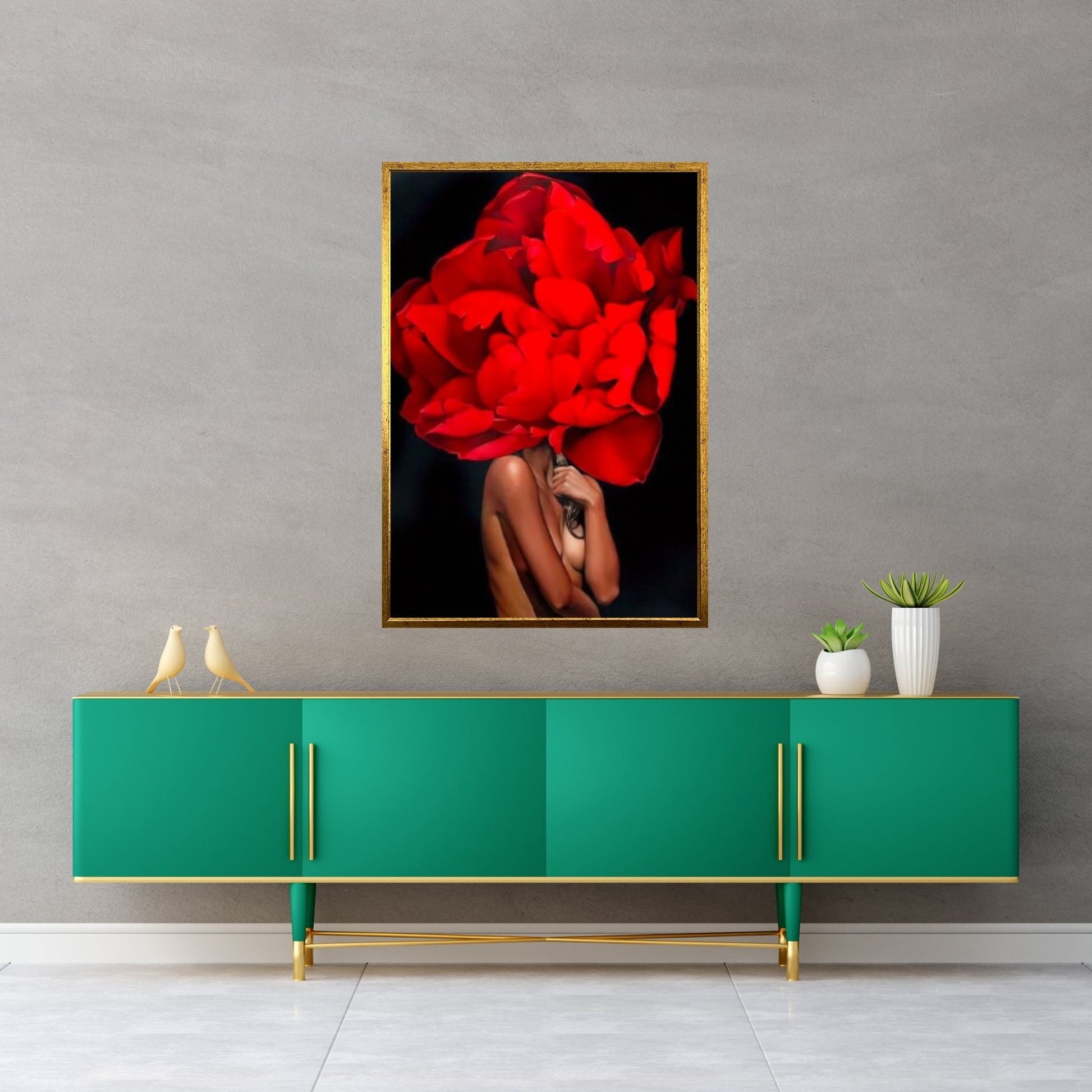 Red Rose Head Woman Canvas Painting - Y Canvas