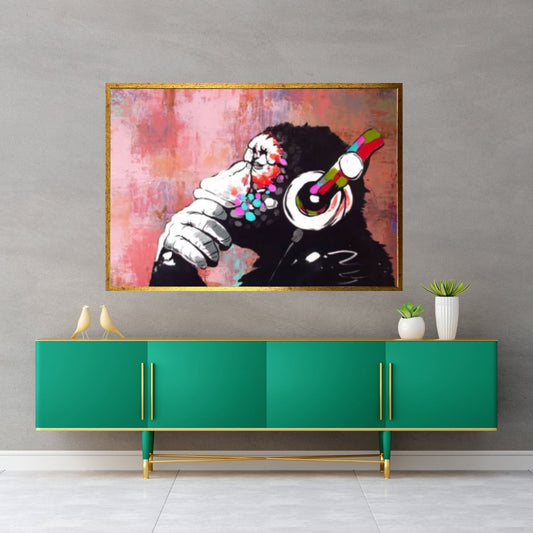 Banksy Dj Monkeycanvas Wall Art, Thinking Monkey Canvas Print, Animal Wall Art, Headphone Monkey - Y Canvas