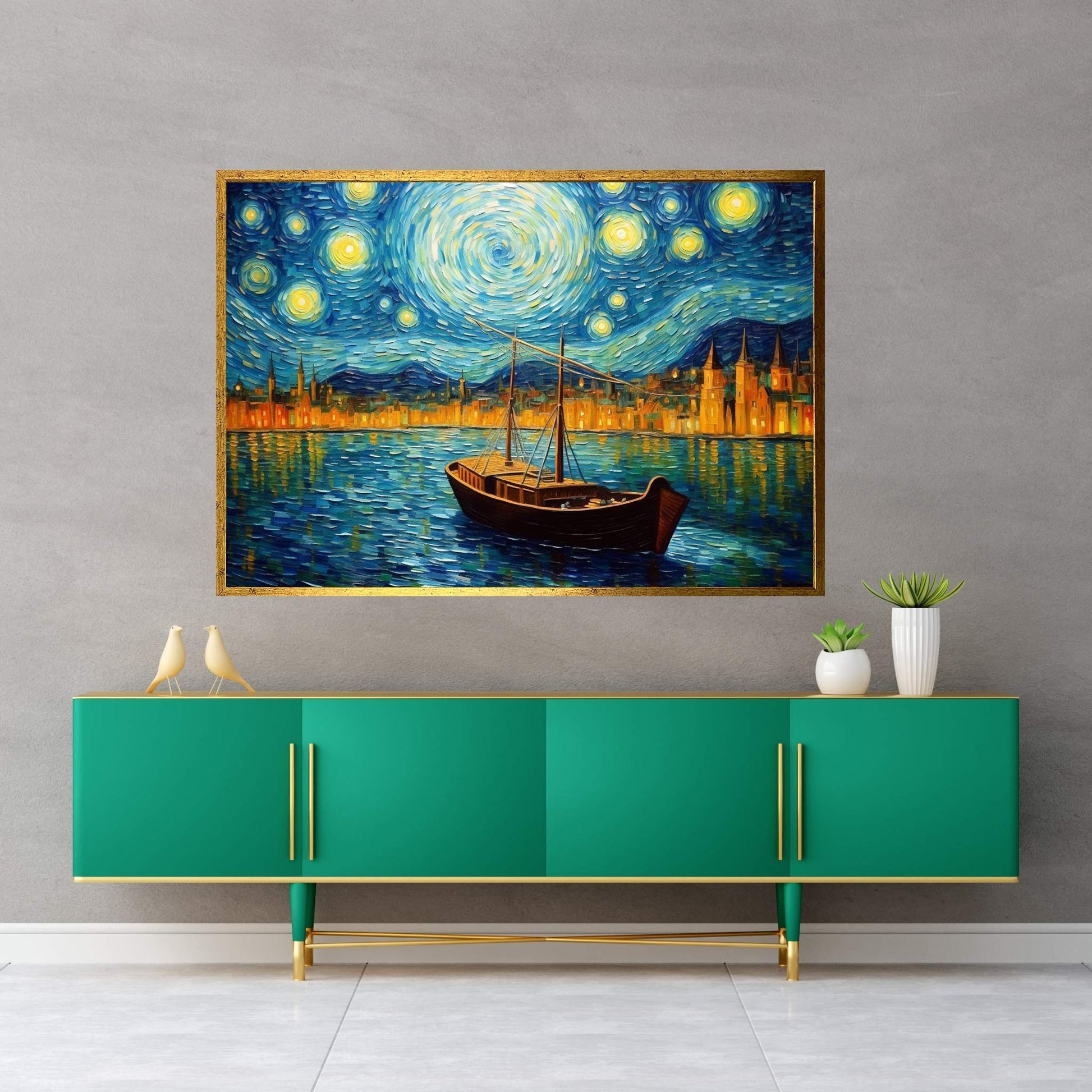 Van Gogh Style Starry Nigt Boat Ship Landscape Reproduction Canvas Wall Art - Y Canvas