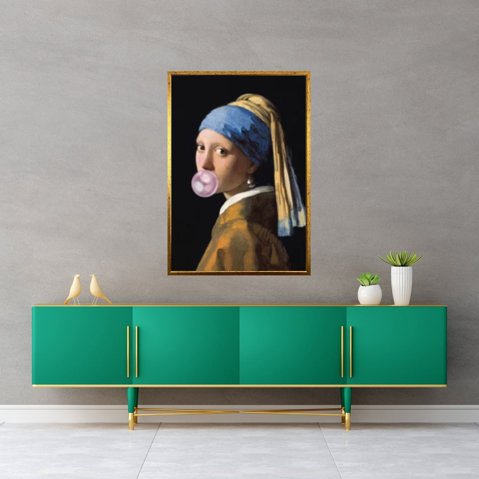 Girl with a Pearl Earring and bubble gum Canvas Wall Art, Johannes Vermeer Exhibition Canvas - Y Canvas