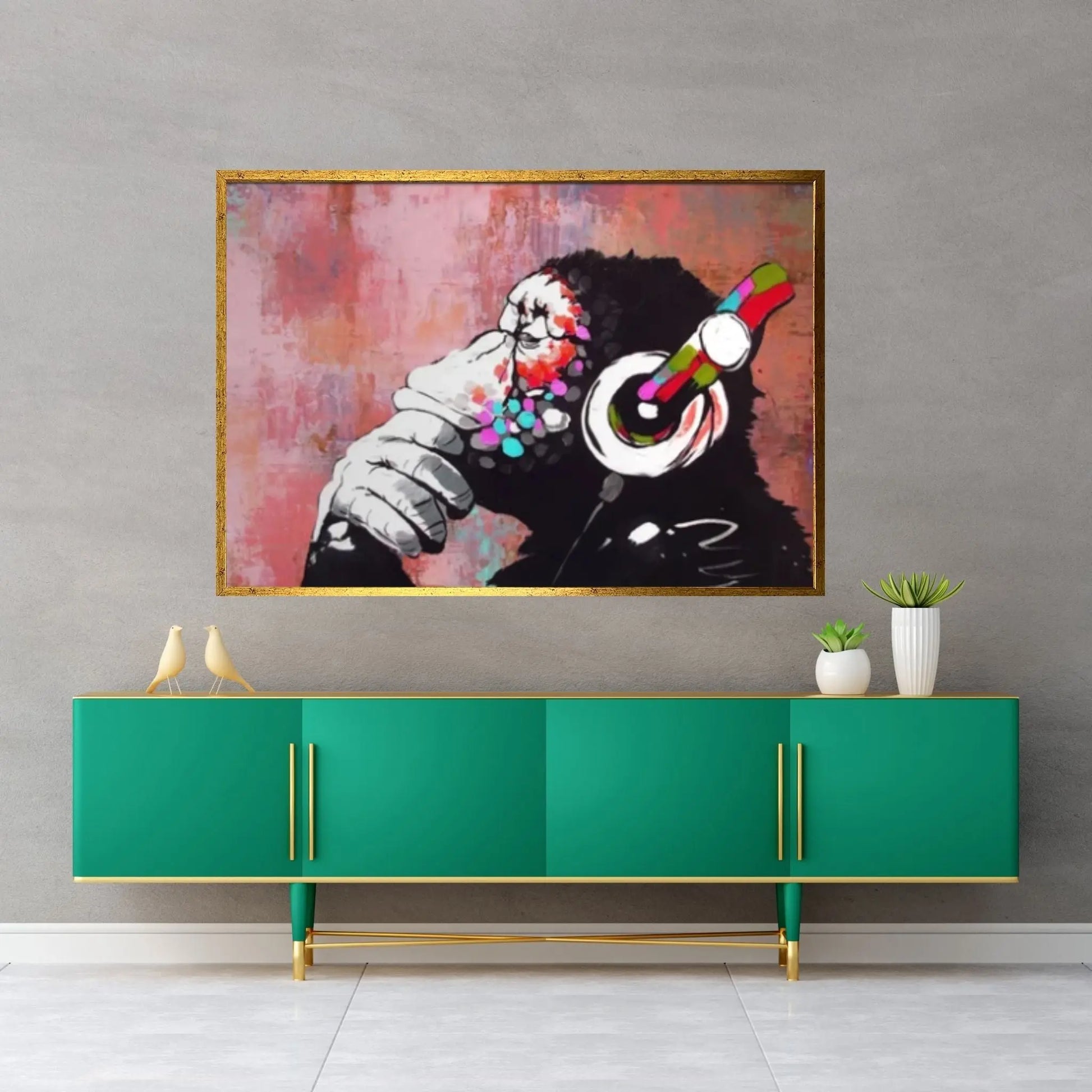 Monkey Headphones Canvas Wall Art, Thinking Monkey DJ, Banksy Monkey - Y Canvas