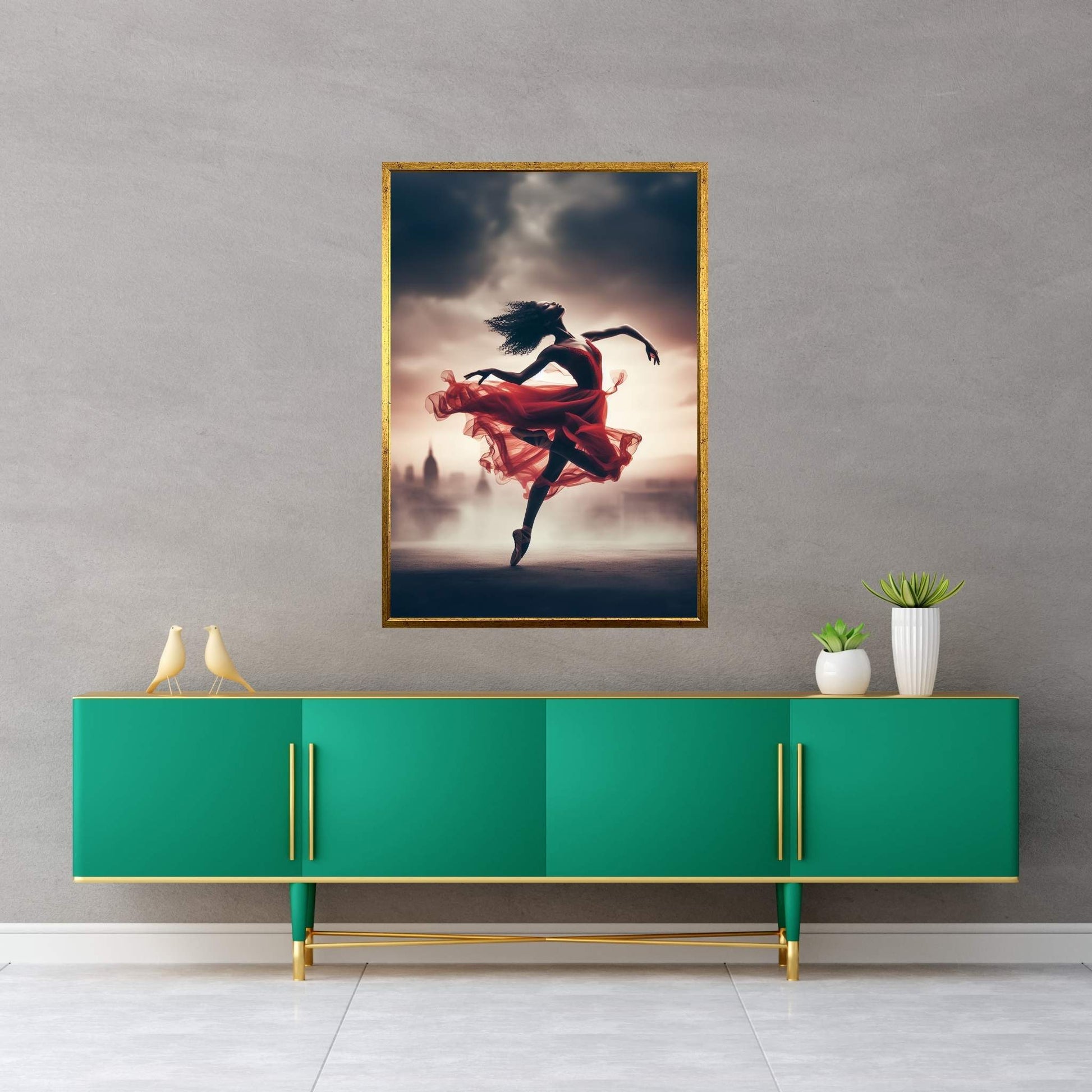 African Black Woman Ballerina in Red Dress Canvas Wall Art Home Decor - Y Canvas