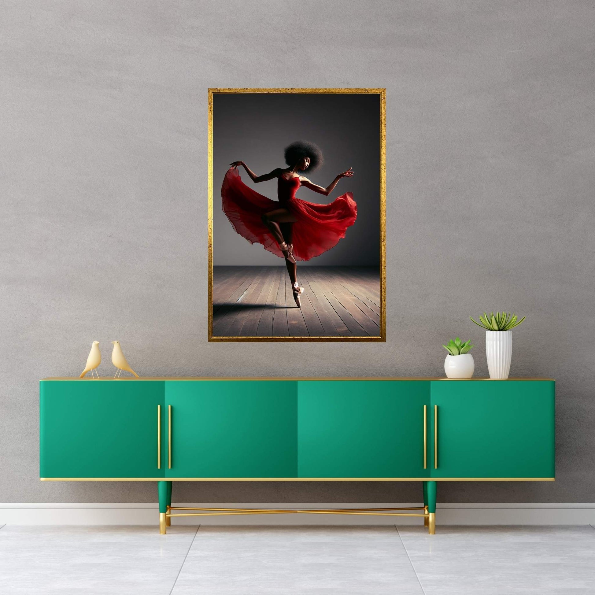 African Black Woman Ballerina in Red Dress Canvas Wall Art Home Decor - Y Canvas