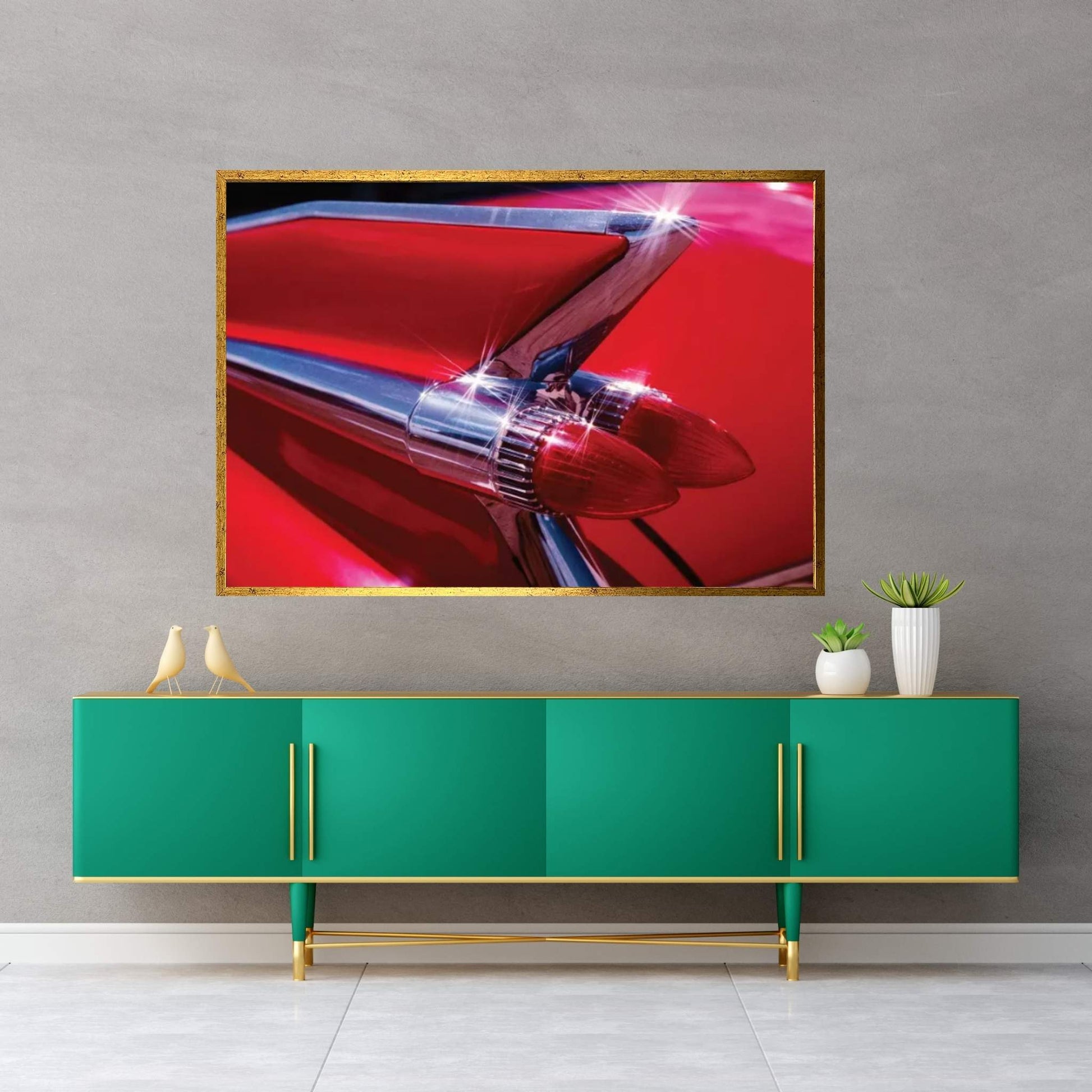 1950s Red Cadillac Car Fender Tail Fins Classic Antique Automobile Canvas Wall Art - Y Canvas