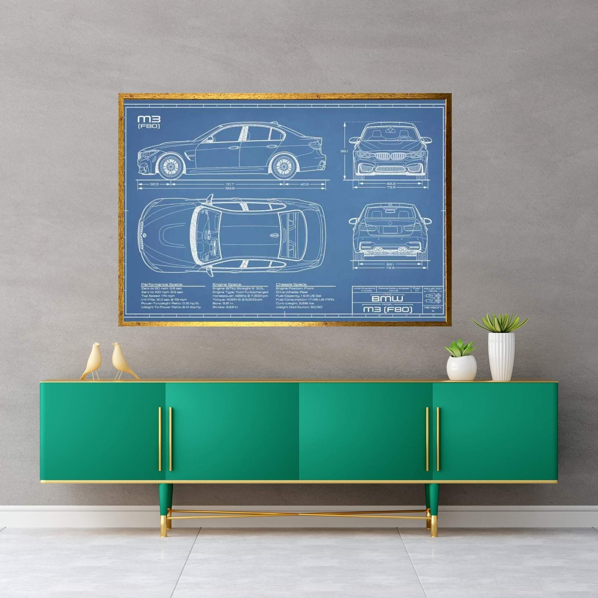 BMW M3 (F80) Blueprint Canvas Wall Art - Y Canvas