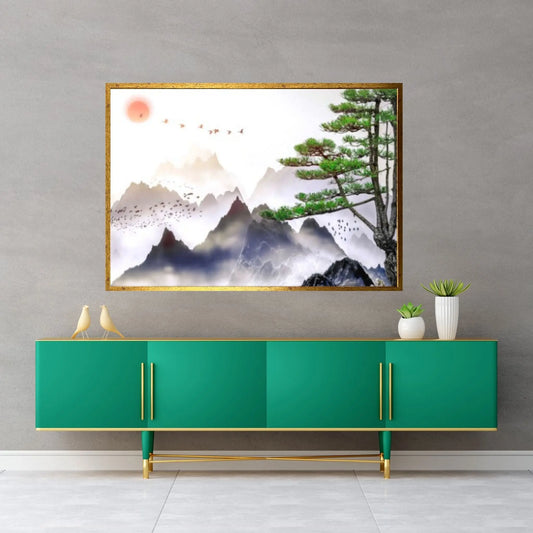 Japanese Landscape Painting of Pine Trees Canvas Wall Art, Distant Mountains, Cloud and Sunrise - Y Canvas