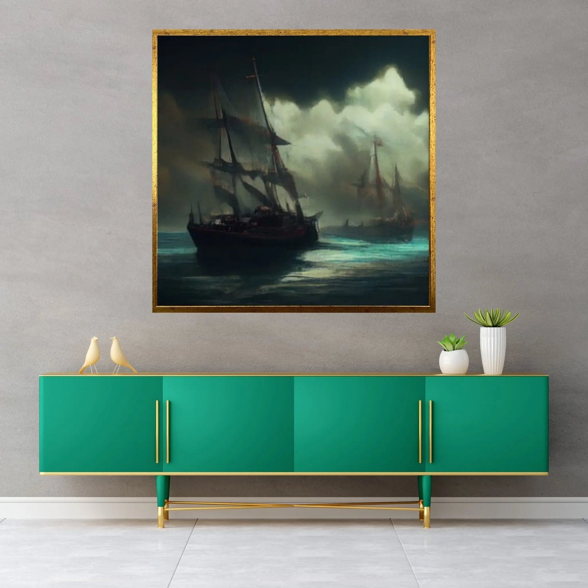 Large Dark Sea Pirates Ship Canvas Wall Art, Pirates Canvas Wall Print, Corsair on Sea Wall Hangings, Dark Colours Boat Room Decor - Y Canvas