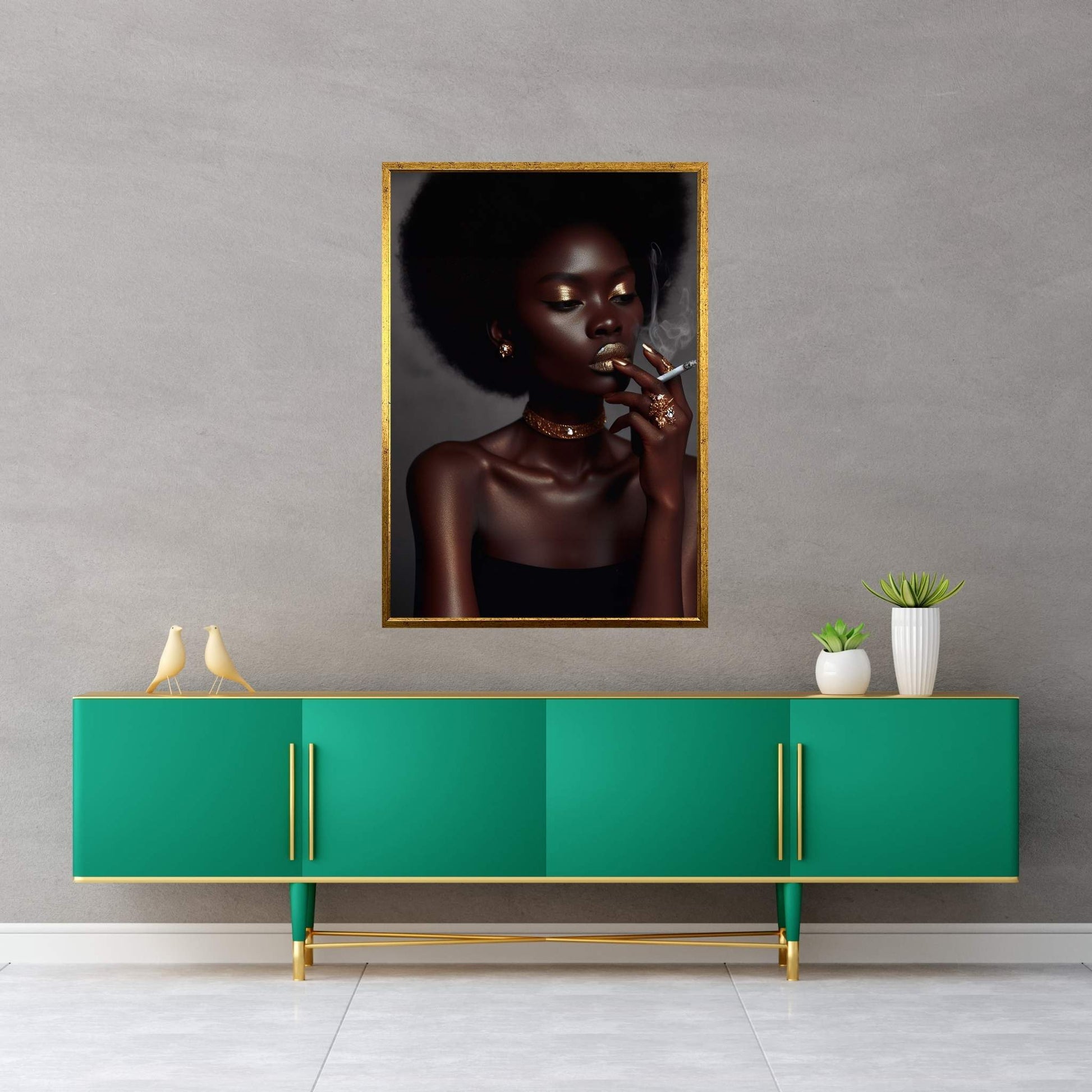 African Black Woman Gold Make-up Smoke Canvas Portrait Canvas Wall Art - Y Canvas