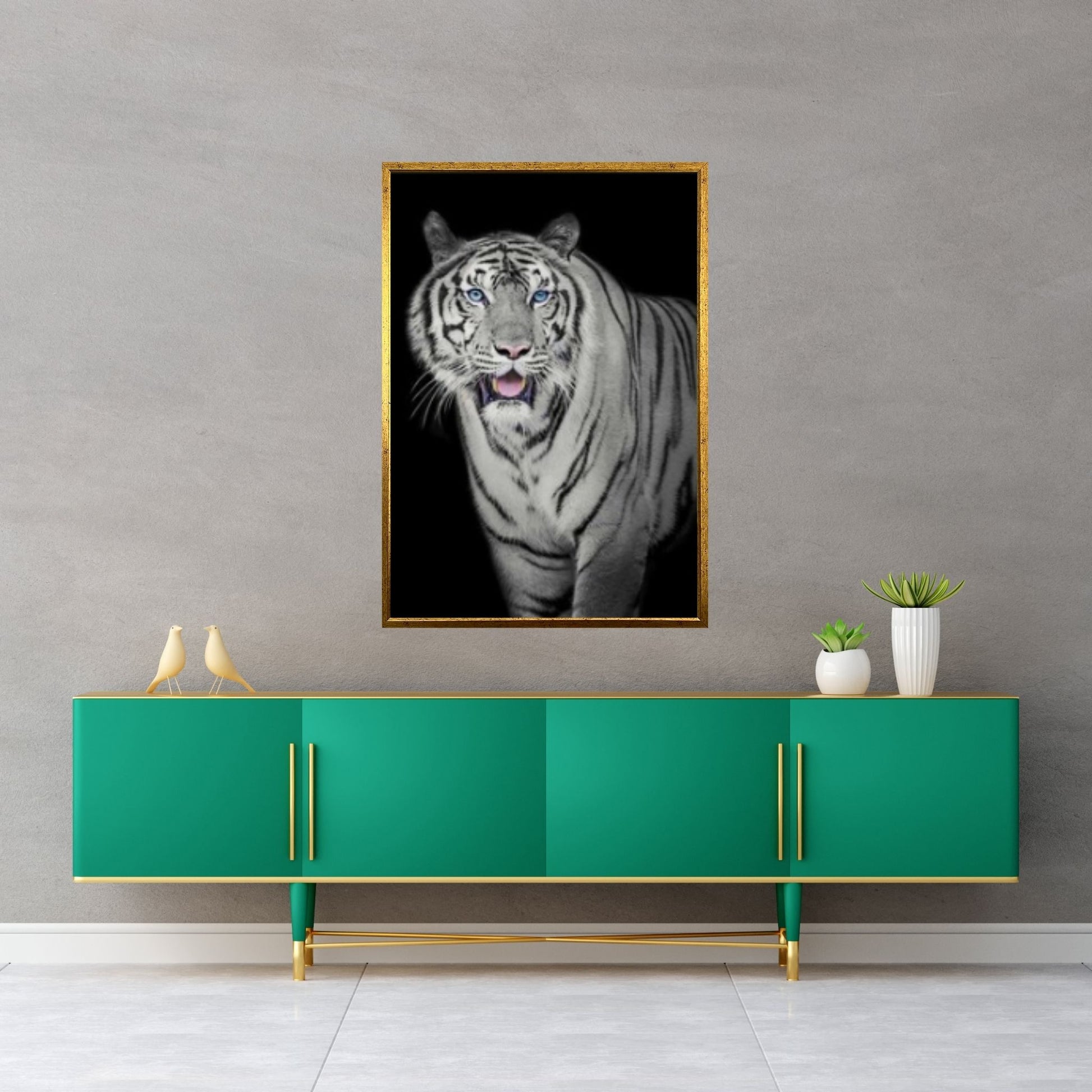 African Lion Canvas Wall Art, Black and white blue eyes lion Canvas Print - Y Canvas