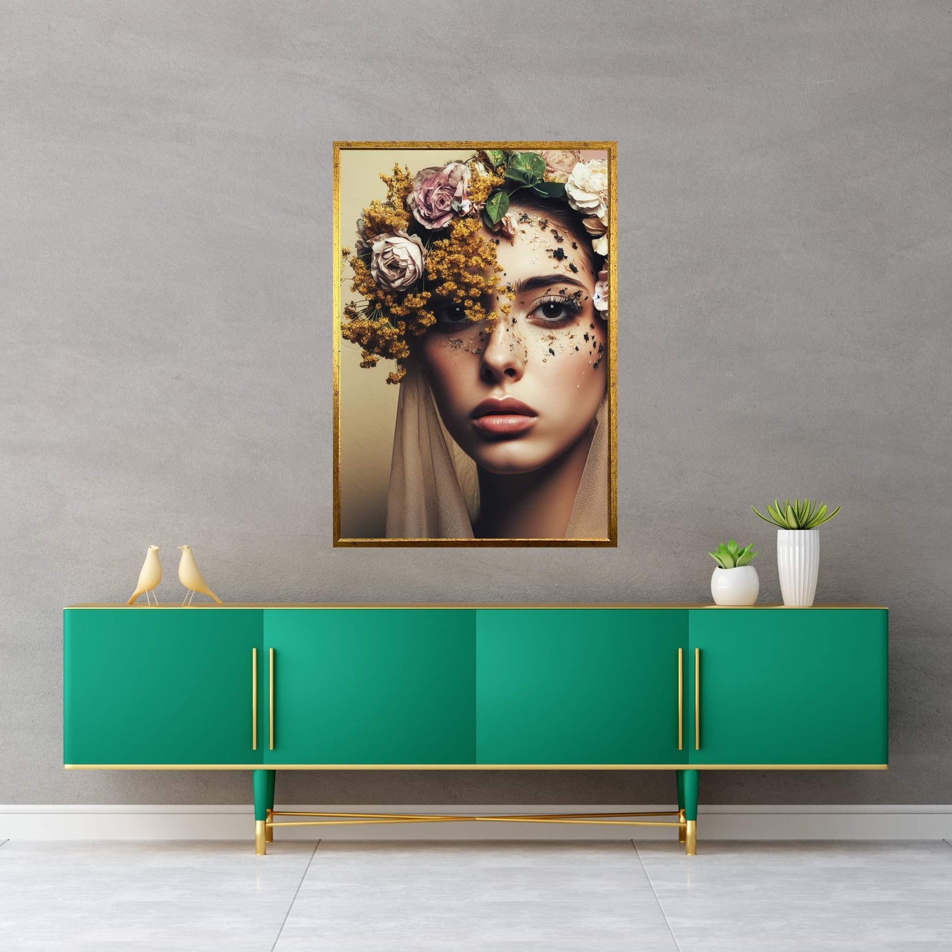 Woman Portrait Flower Head Canvas Wall Art - Y Canvas