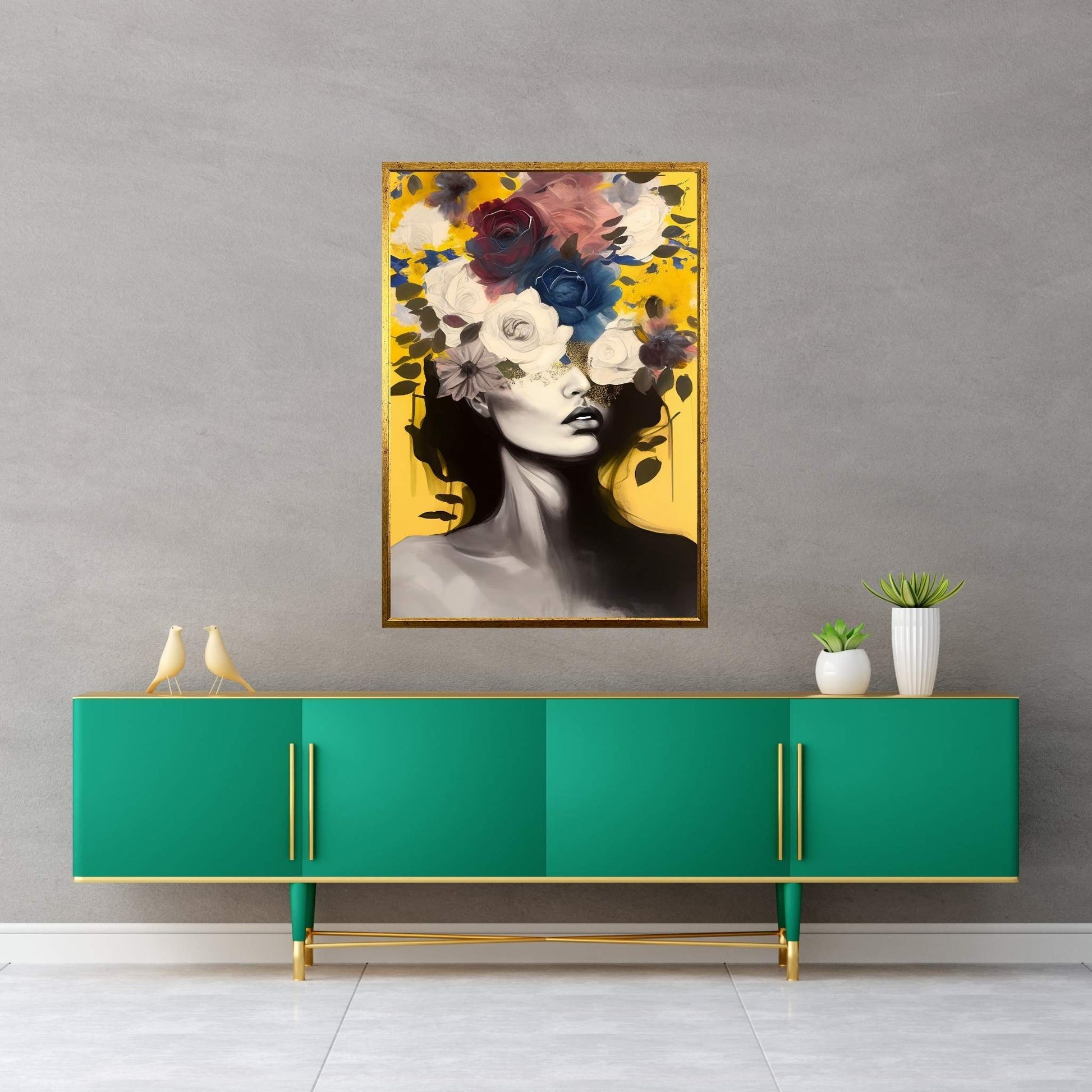 Woman Portrait Flower Head Canvas Wall Art - Y Canvas