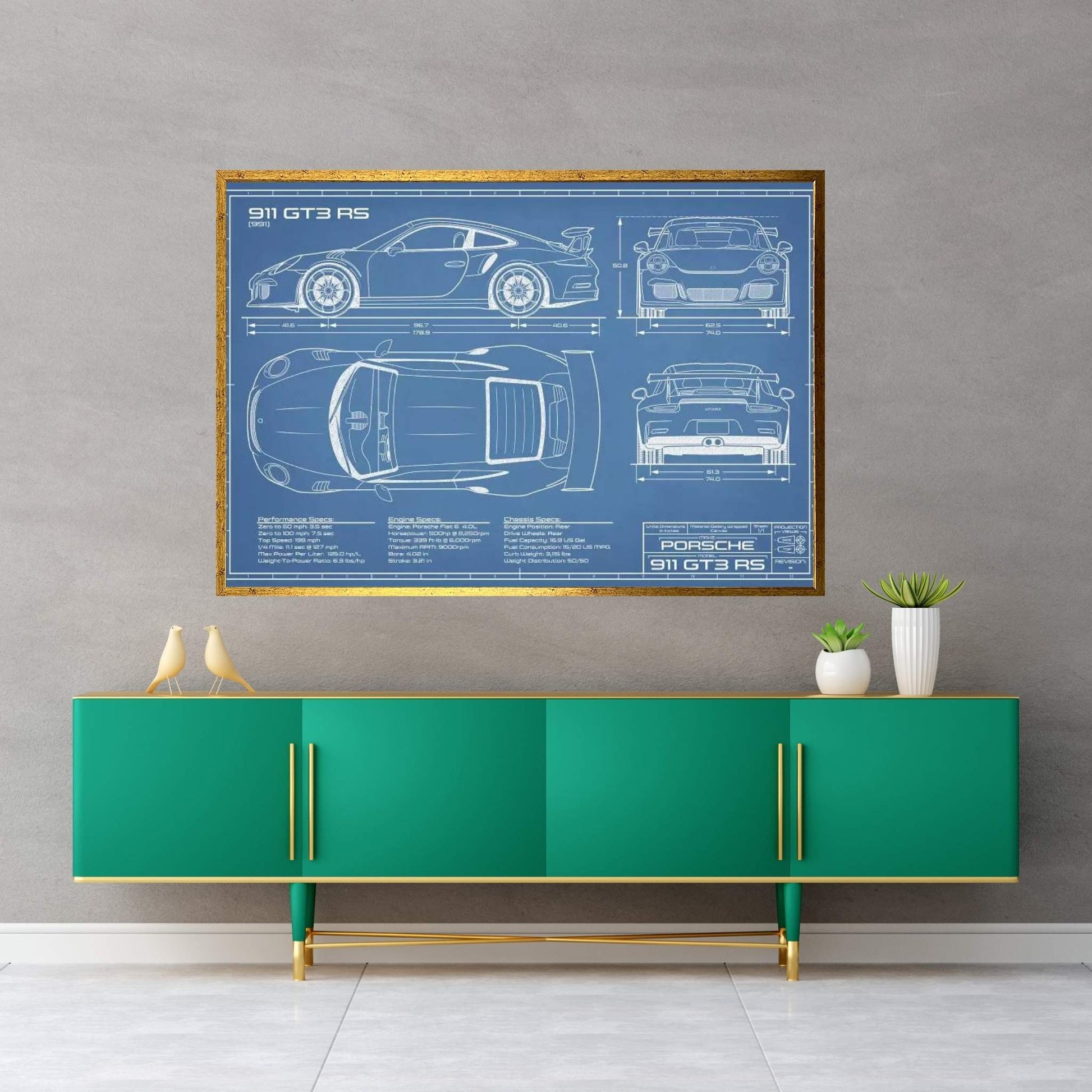 Porsche 911 GT3 RS (991) | Blueprint Canvas Wall Art - Y Canvas