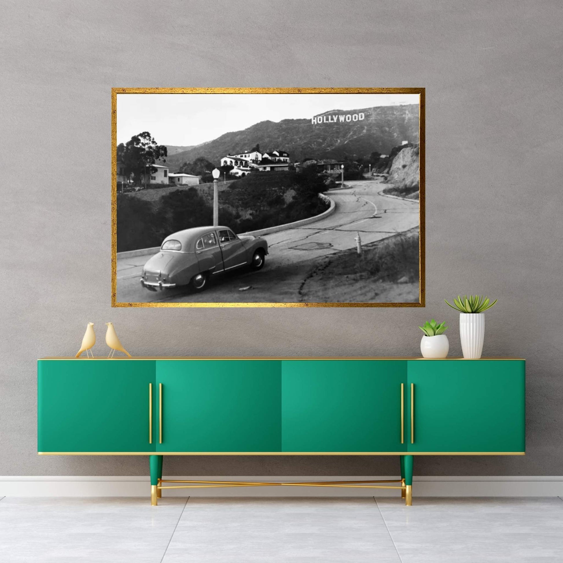 1950s Austin Car Driving Up The Hollywood Hills With Hollywood Sign In Distance Los Angeles Ca USA Canvas Wall Art - Y Canvas