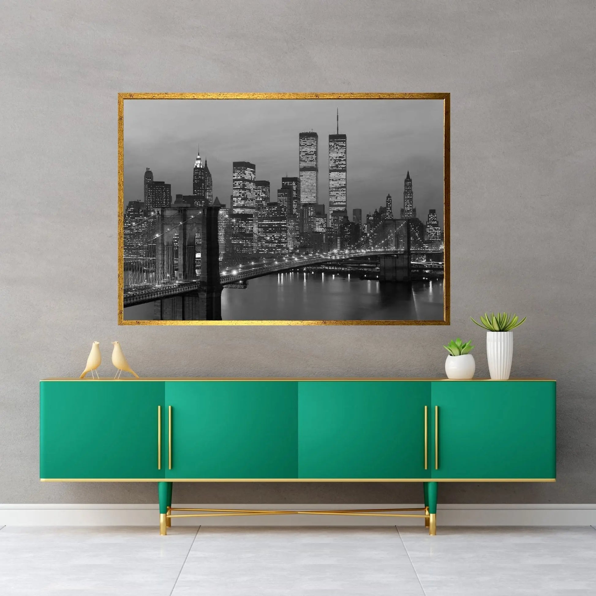 1980s New York City Lower Manhattan Skyline Brooklyn Bridge World Trade Center Canvas Wall Art - Y Canvas