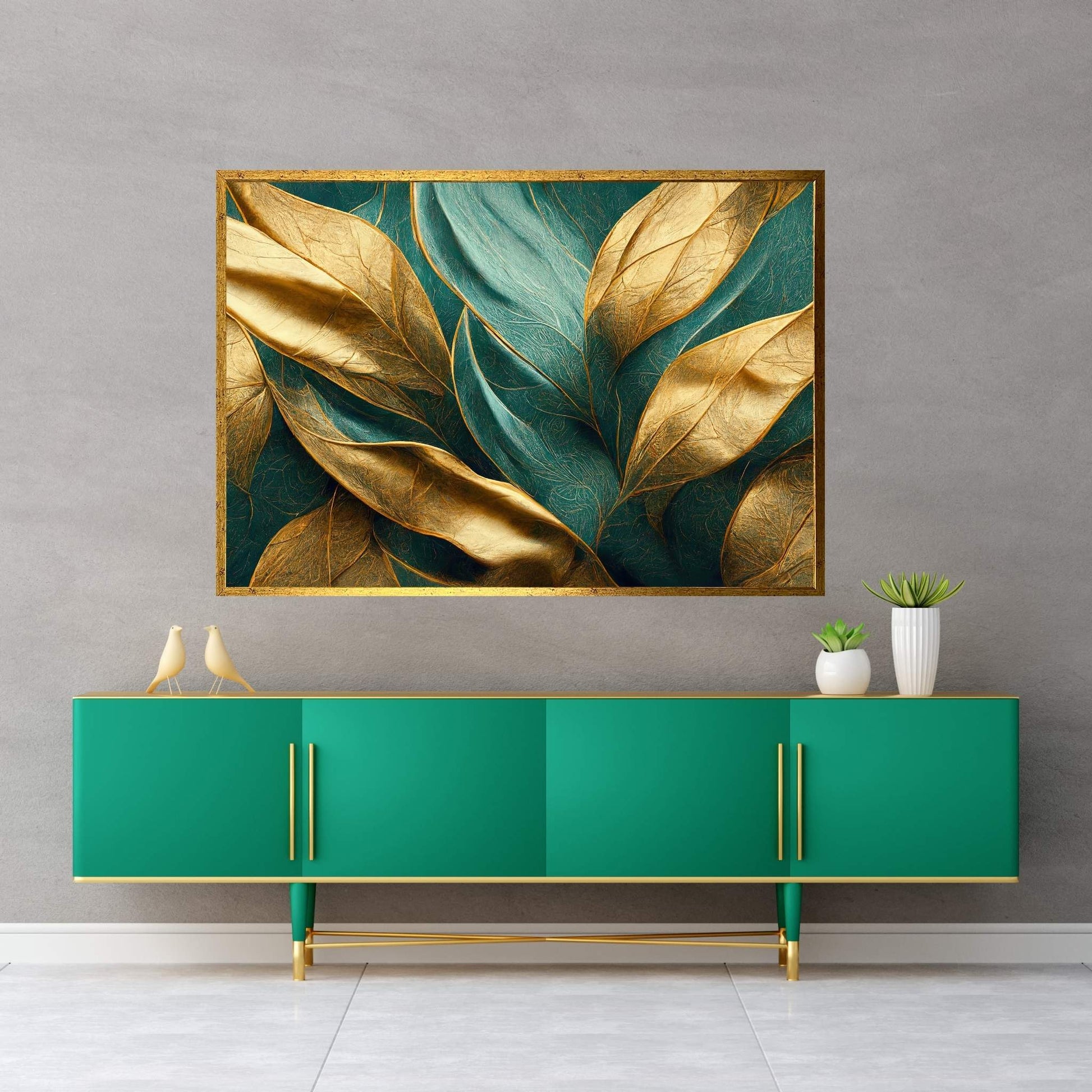 Abstract Yellow Gold Green Flower Leef Canvas Wall Art - Y Canvas