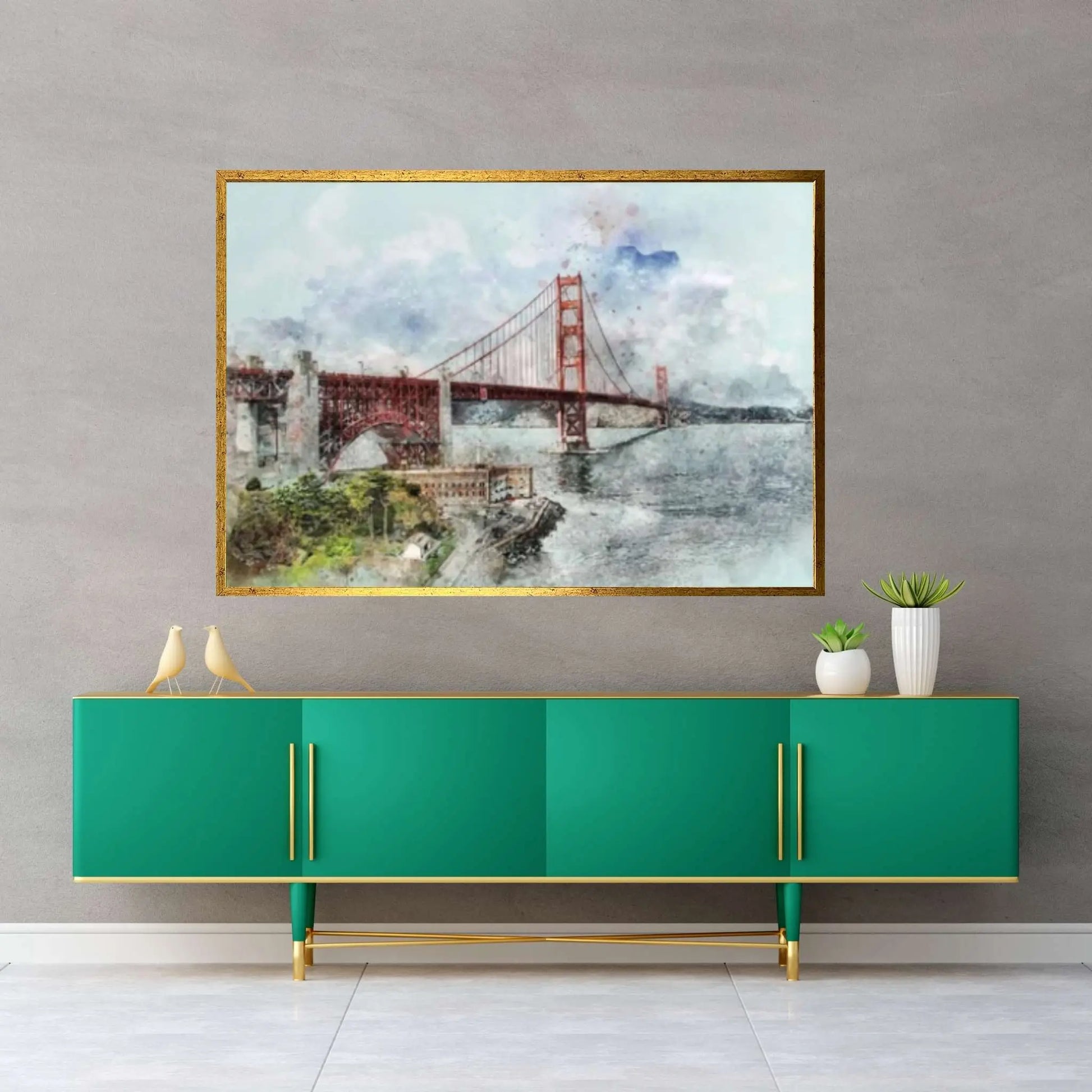 Wonderful Golden Gate Bridge Drawing Effect Canvas Painting Decor, Sea and Bridge Views Poster, San Francisco City - Y Canvas