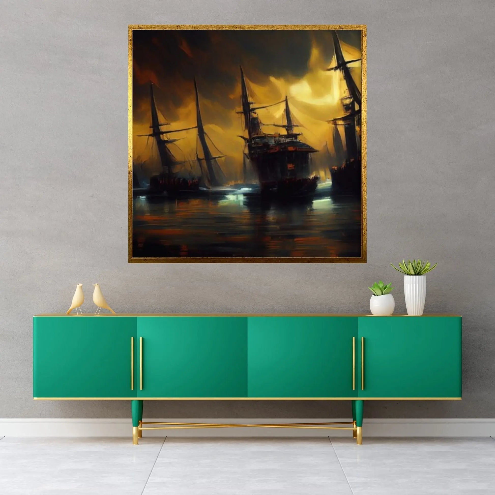 Large Dark Sea Pirates Ship Canvas Wall Art, Pirates Canvas Wall Print, Corsair on Sea Wall Hangings, Dark Colours Boat Room Decor - Y Canvas