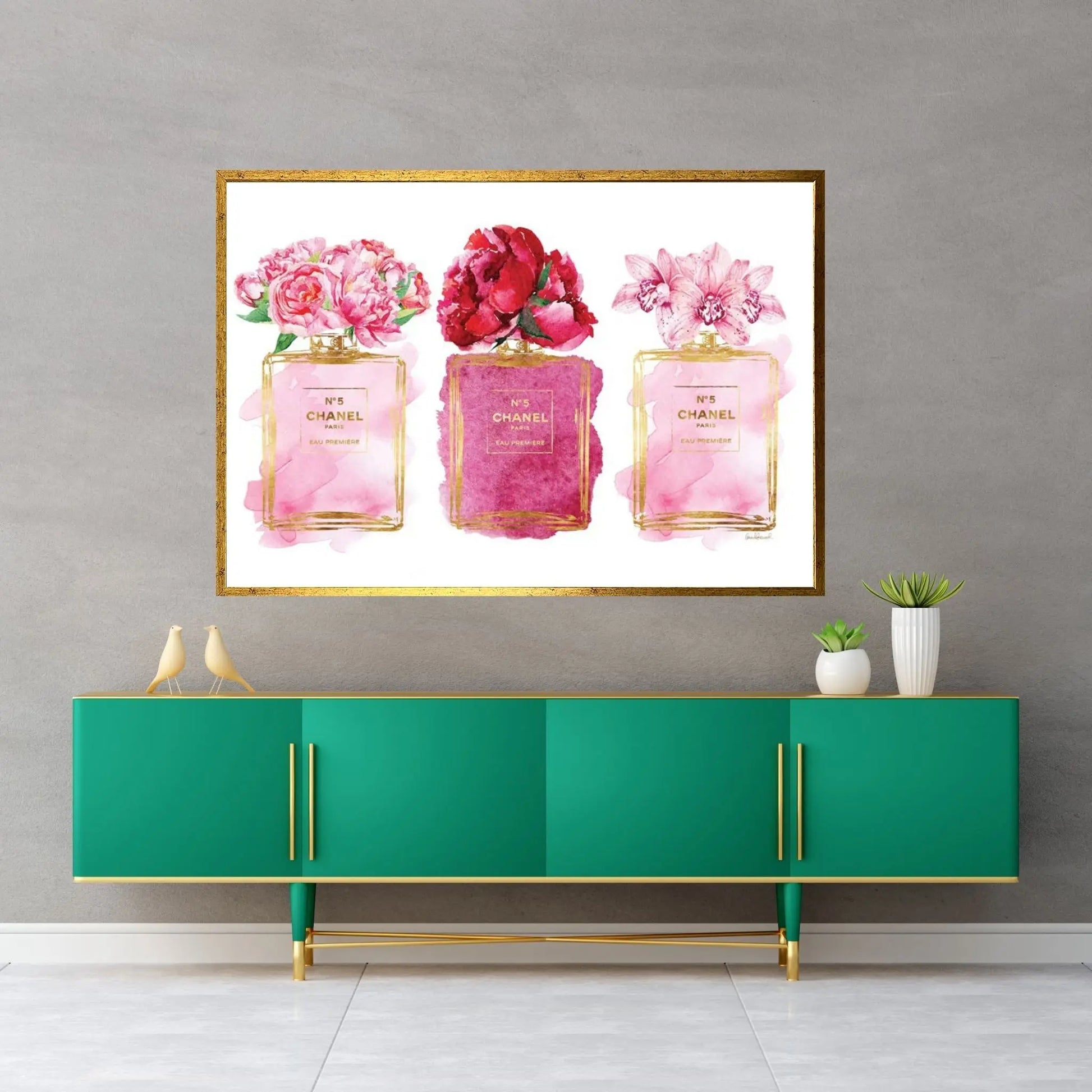 Three Perfume Bottles In Pink Canvas Wall Art - Y Canvas