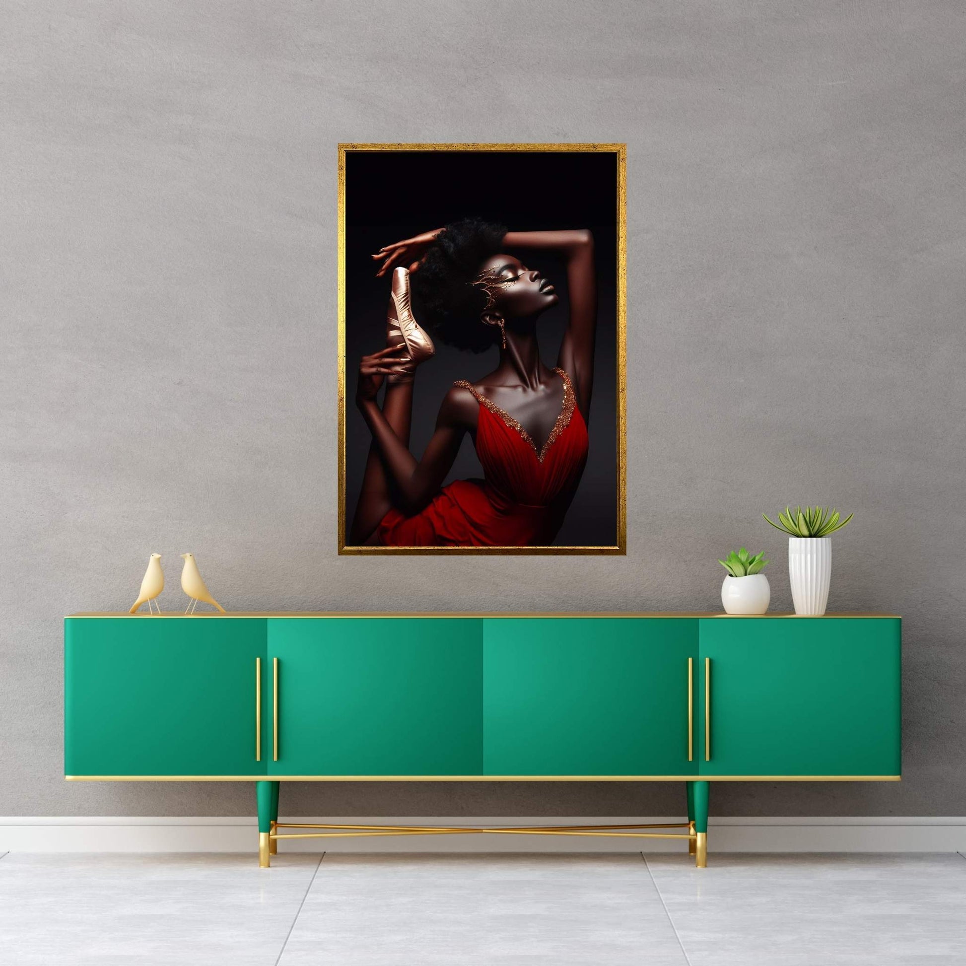 African Black Woman Ballerina in Red Dress Canvas Wall Art Home Decor - Y Canvas