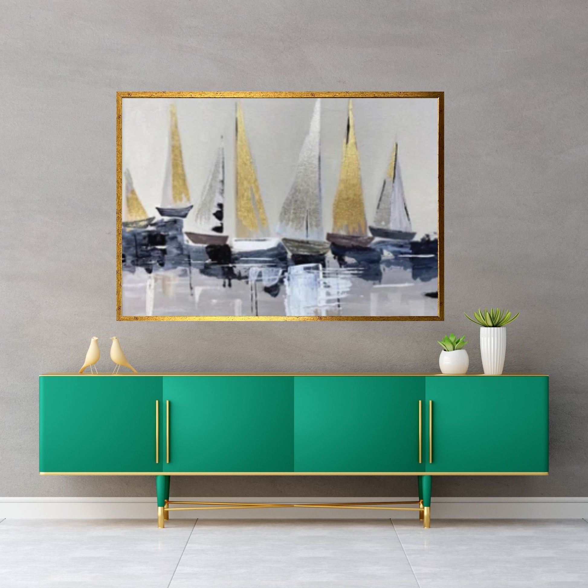 Original Sailboats Gather in The Harbor Landscape To Canvas Wall Art ,Nautical oil painting art on Canvas, Large Sailboat abstract painting - Y Canvas