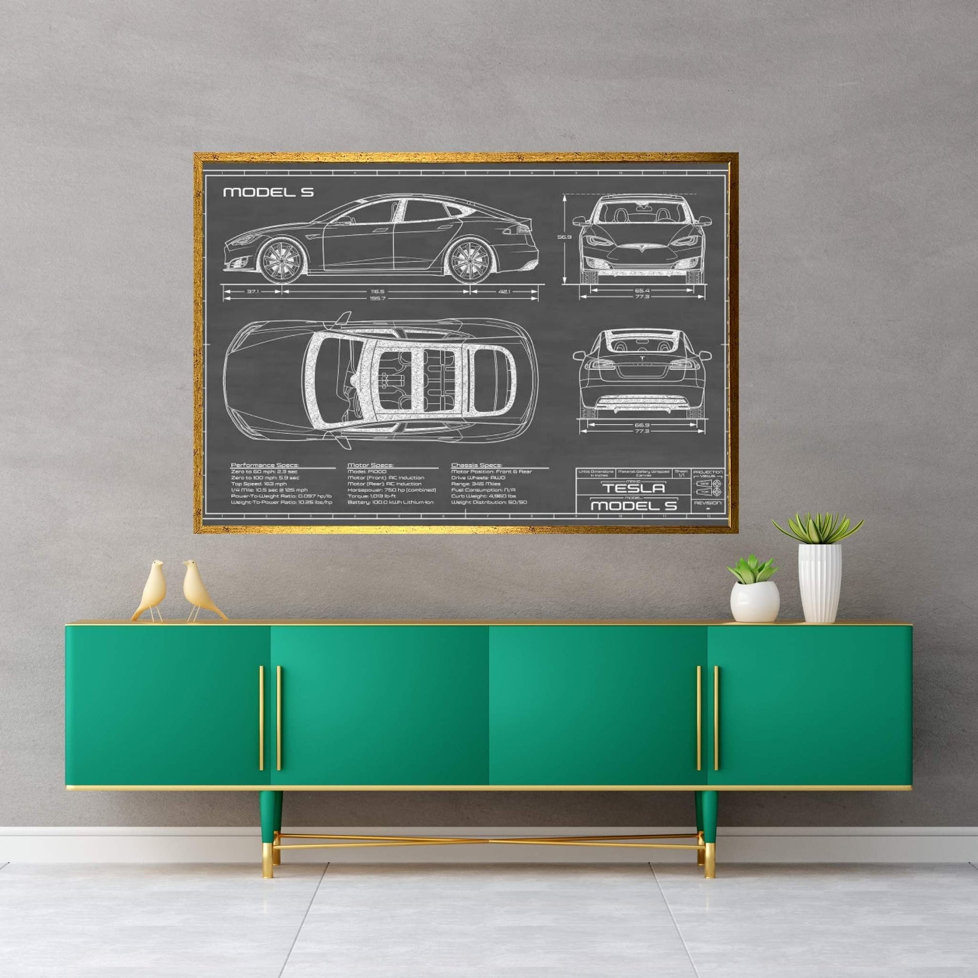 Tesla Model S (2016-2020) | Black Canvas Wall Art - Y Canvas