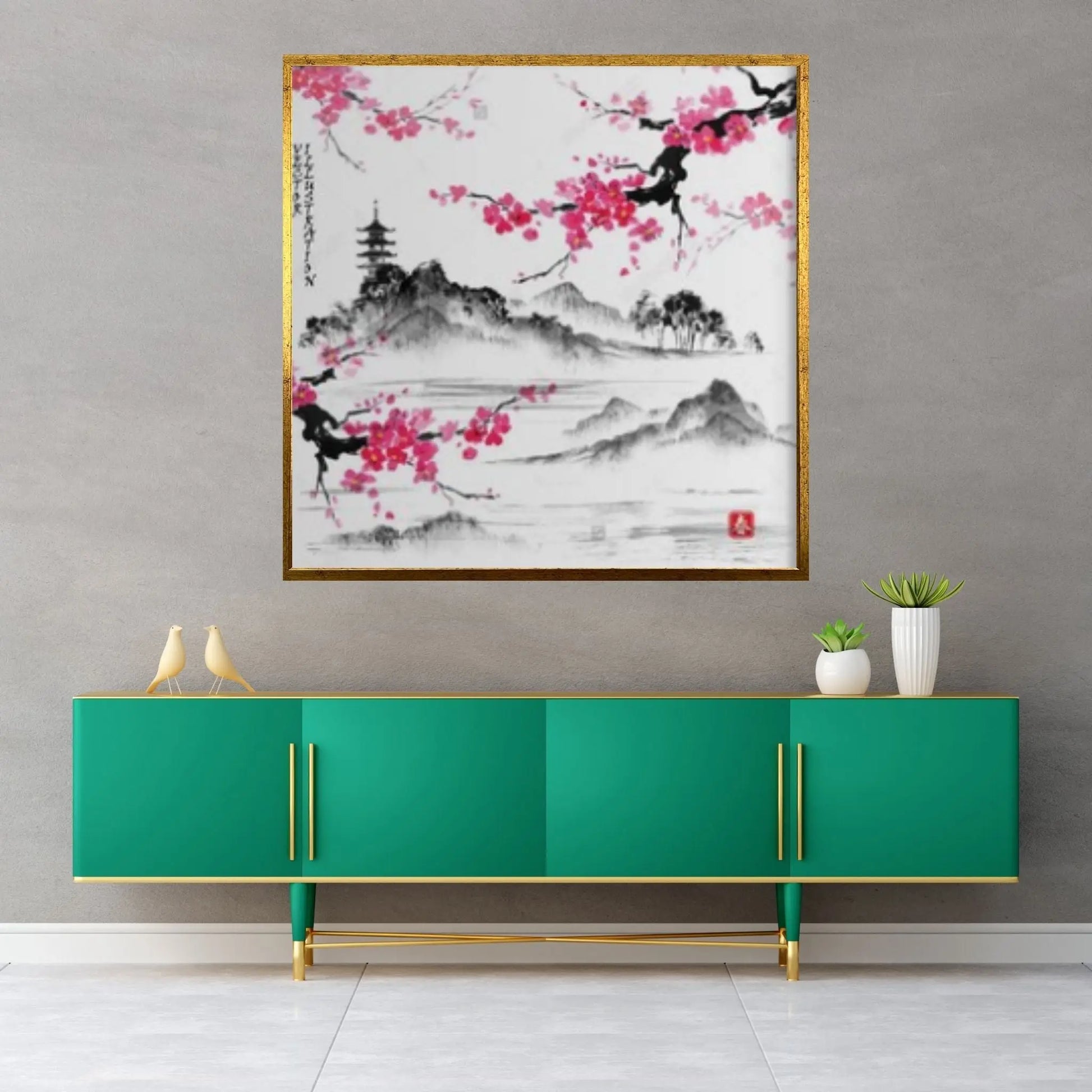 Japanese Landscape with sakura branches, Vector illustration. Hieroglyph Canvas Wall Art - Y Canvas