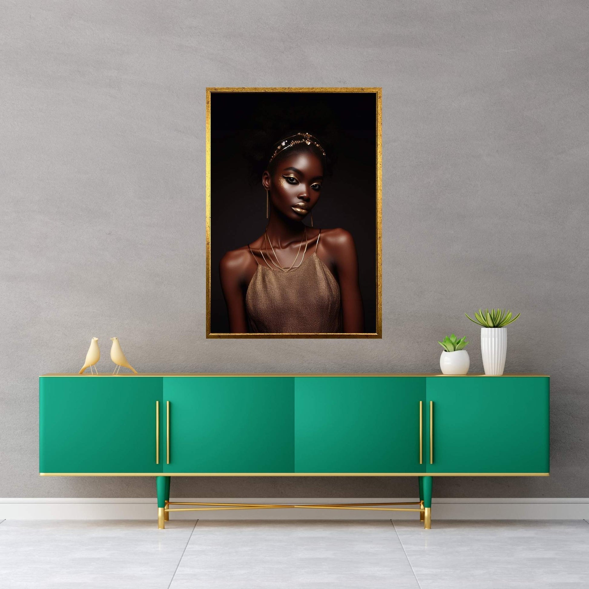 African Black Woman Gold Make-up Canvas Portrait Canvas Wall Art - Y Canvas