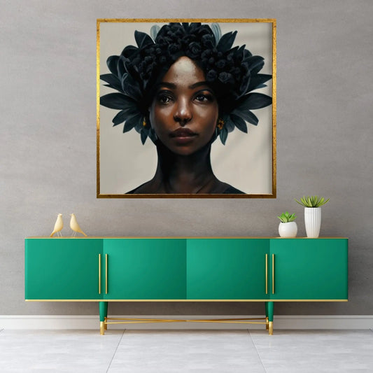 Black woman head flowers Canvas wall art,Black art, Black girl print, flower woman painting, Girl Flowers Poster - Y Canvas